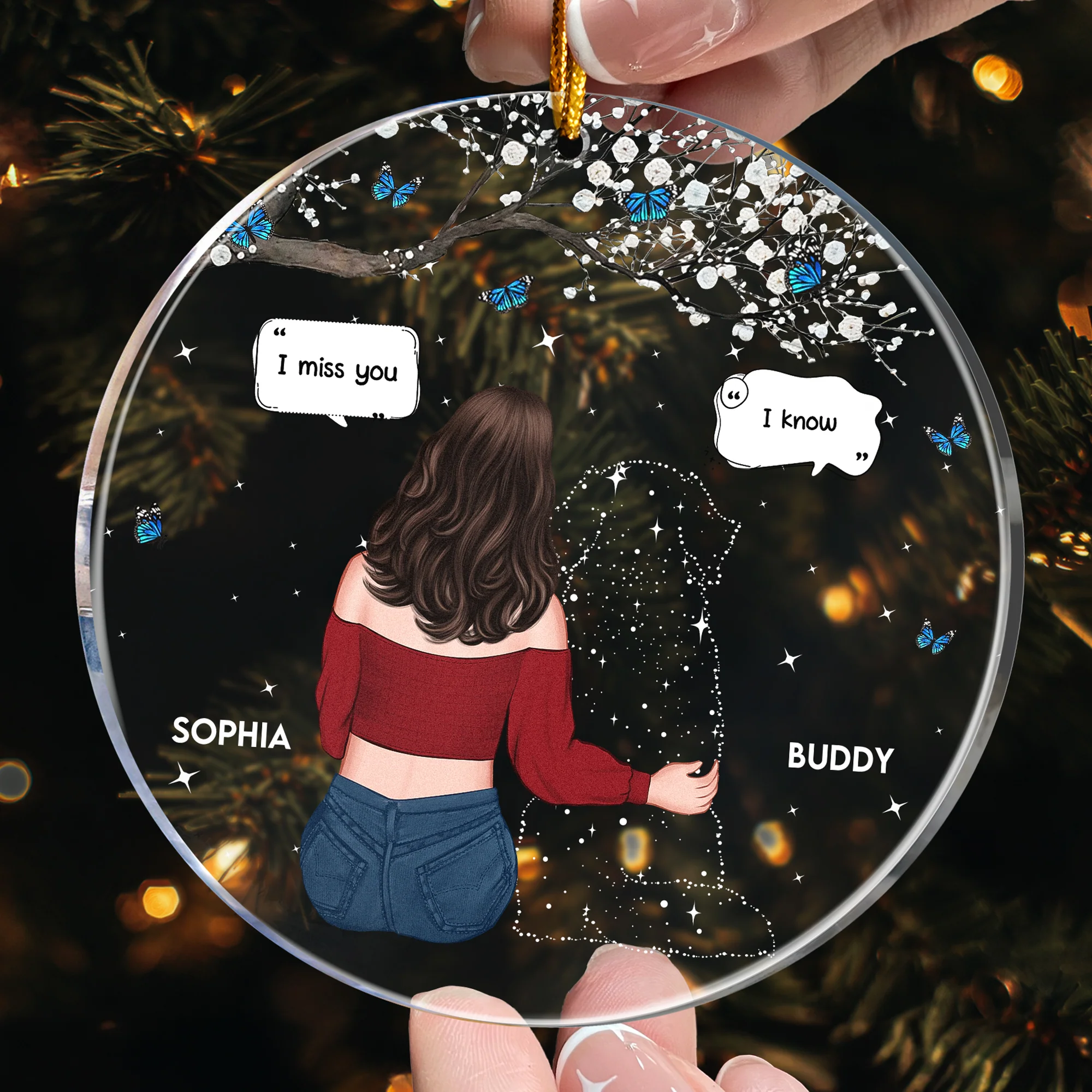 Girl And Her Dogs Blossom Branch Butterflies - Personalized Acrylic Ornament - Image 2