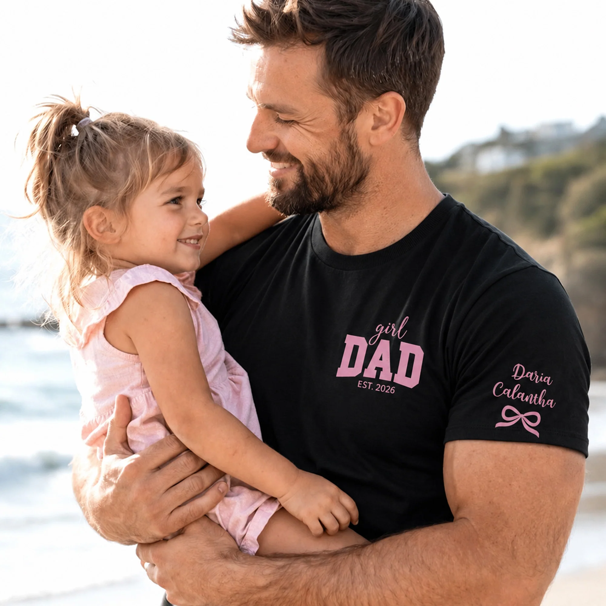 Girl Dad With Kids' Names On Sleeves - Pink Dad - Personalized Shirt - Image 3