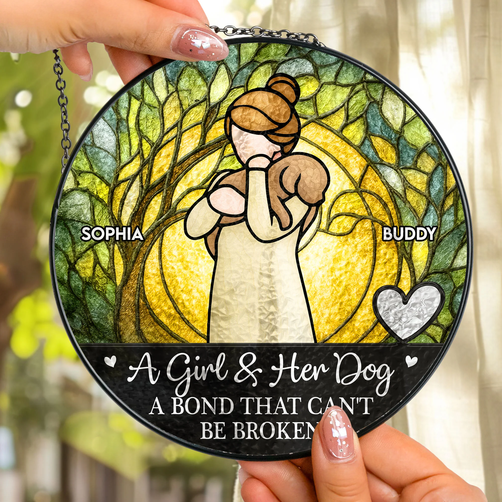 Girl & Dog A Bond Can't Be Broken - Personalized Stained Glass Window Hanging Suncatcher - Image 3