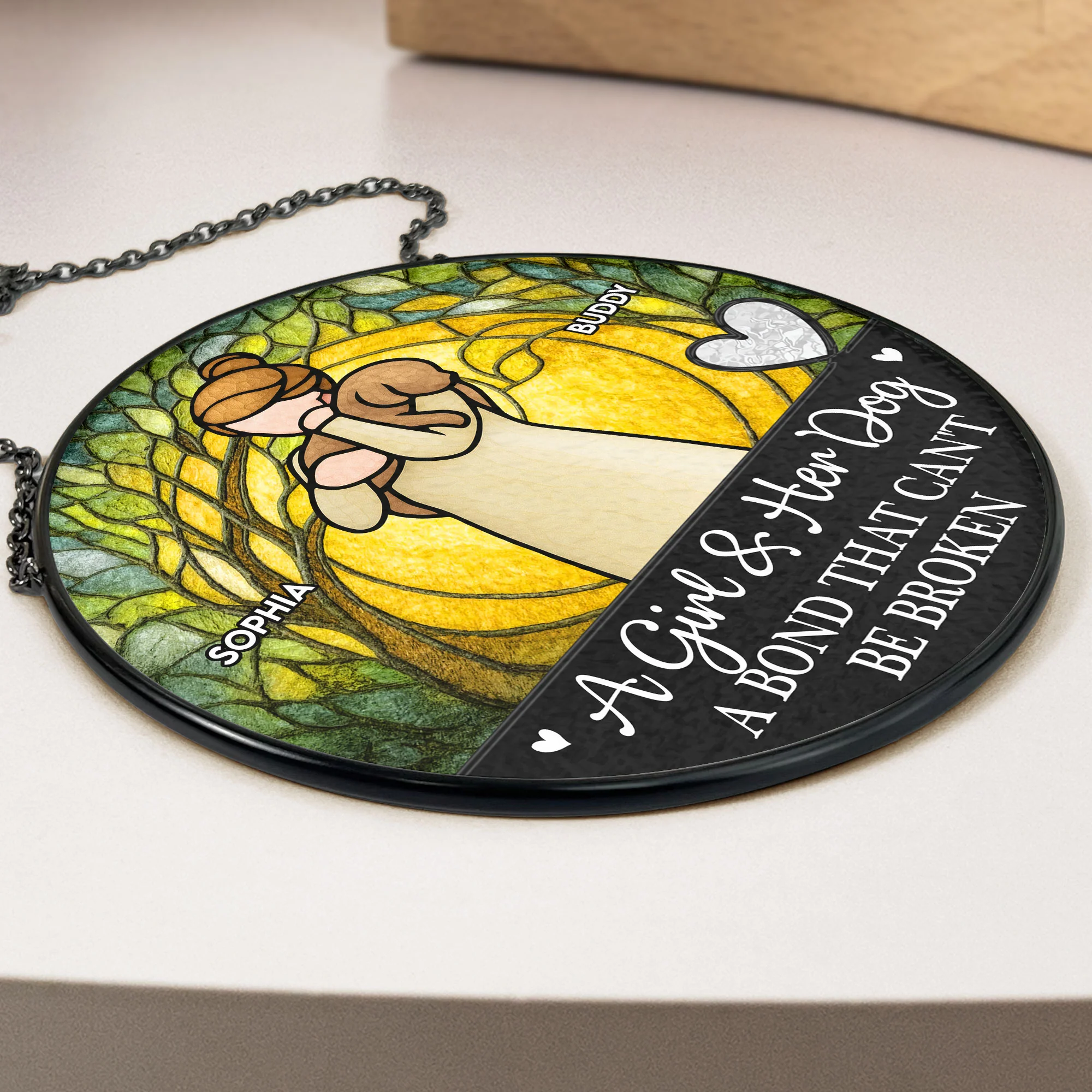 Girl & Dog A Bond Can't Be Broken - Personalized Stained Glass Window Hanging Suncatcher - Image 4