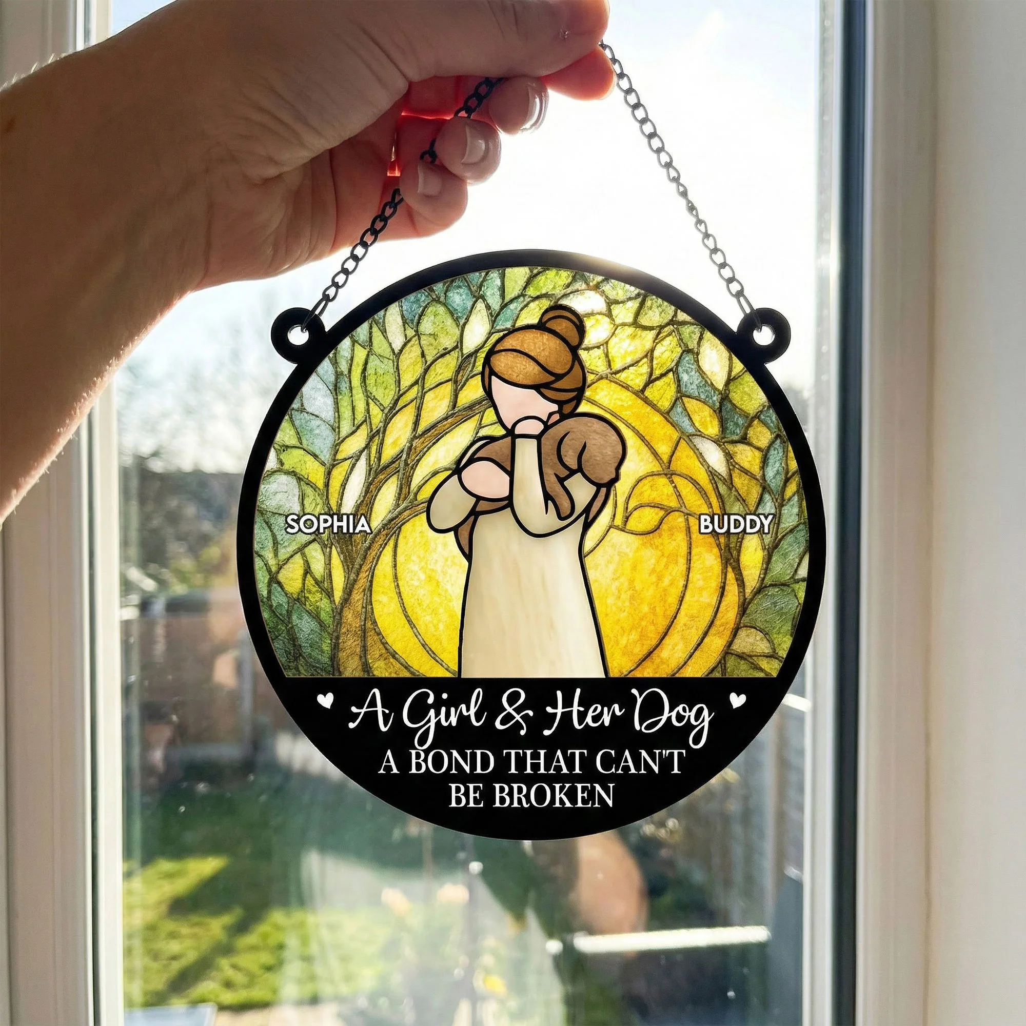 Girl & Her Dog A Bond That Can't Be Broken - Personalized Window Hanging Suncatcher Ornament - Image 2