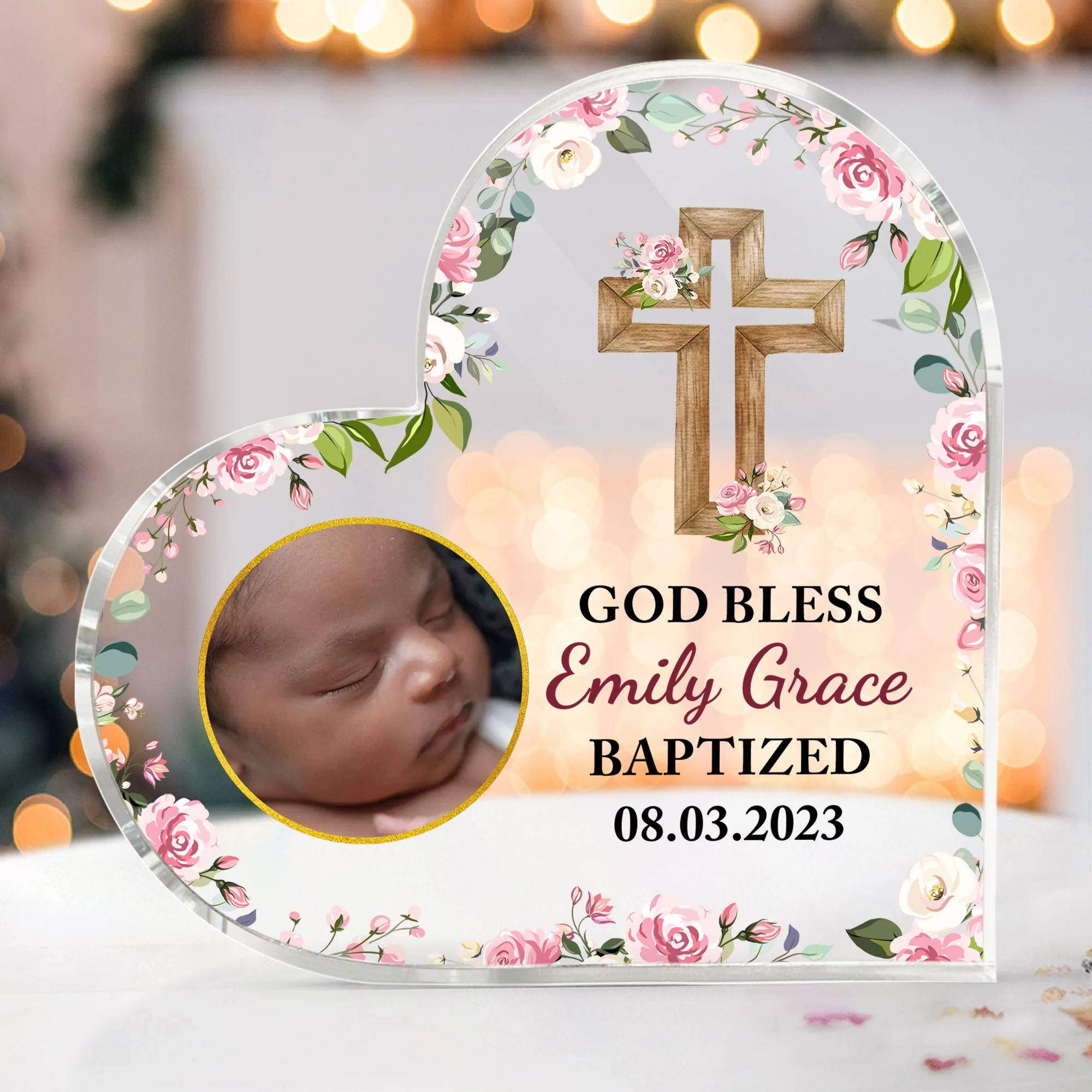 God Bless Baptized - Personalized Heart Shaped Acrylic Plaque - Image 2