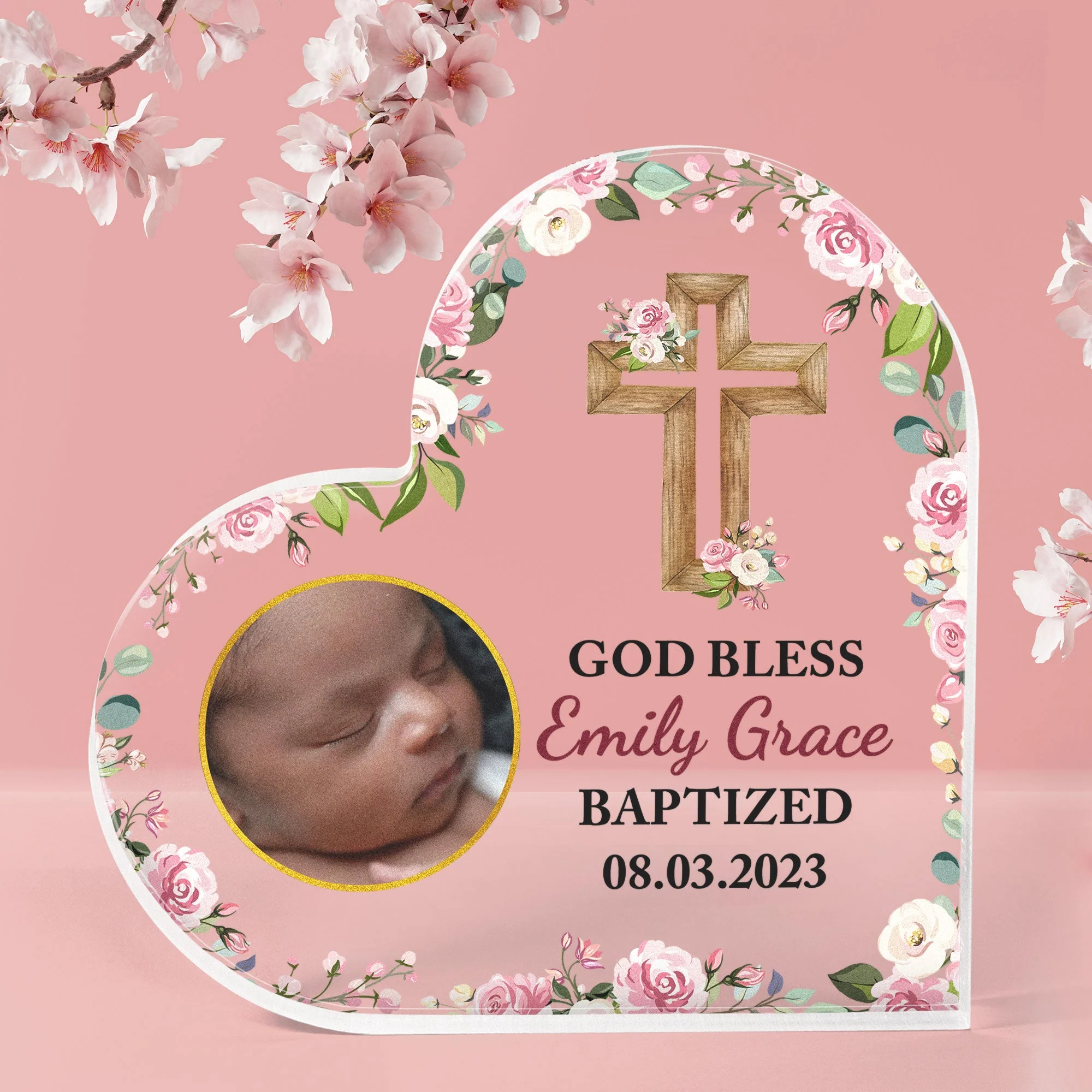 God Bless Baptized - Personalized Heart Shaped Acrylic Plaque - Image 3