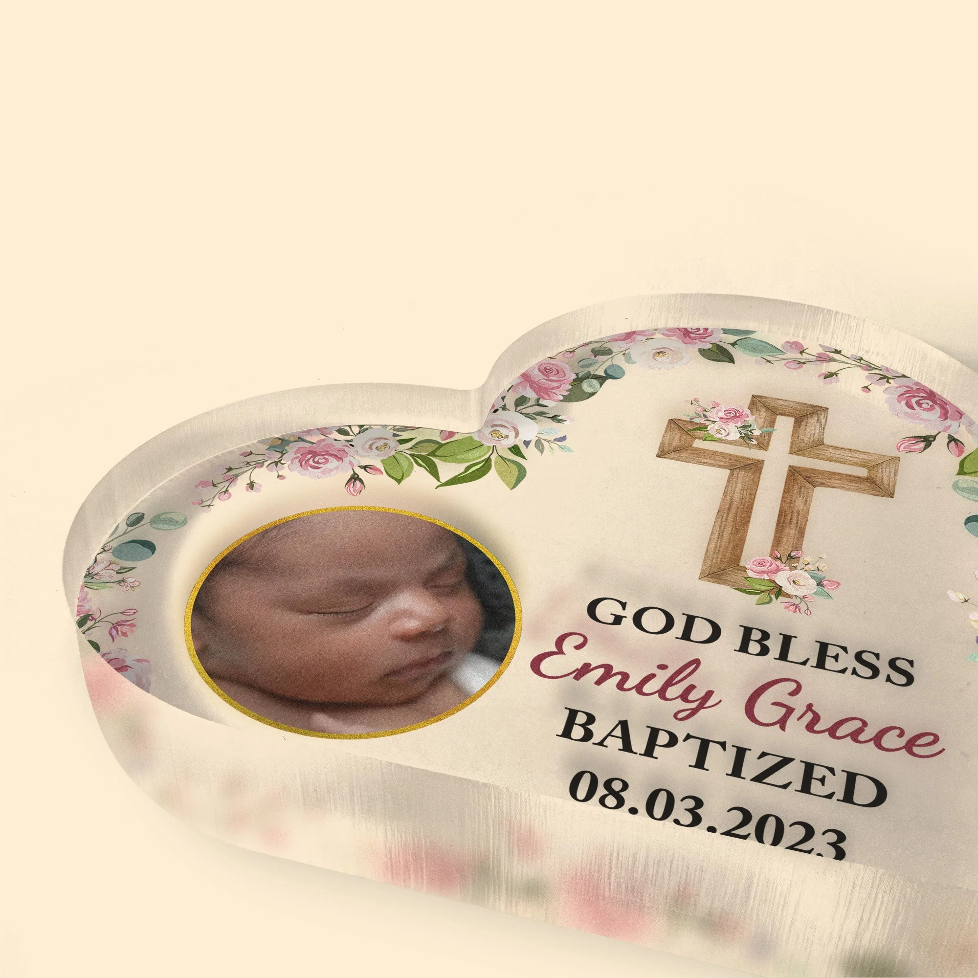 God Bless Baptized - Personalized Heart Shaped Acrylic Plaque - Image 4