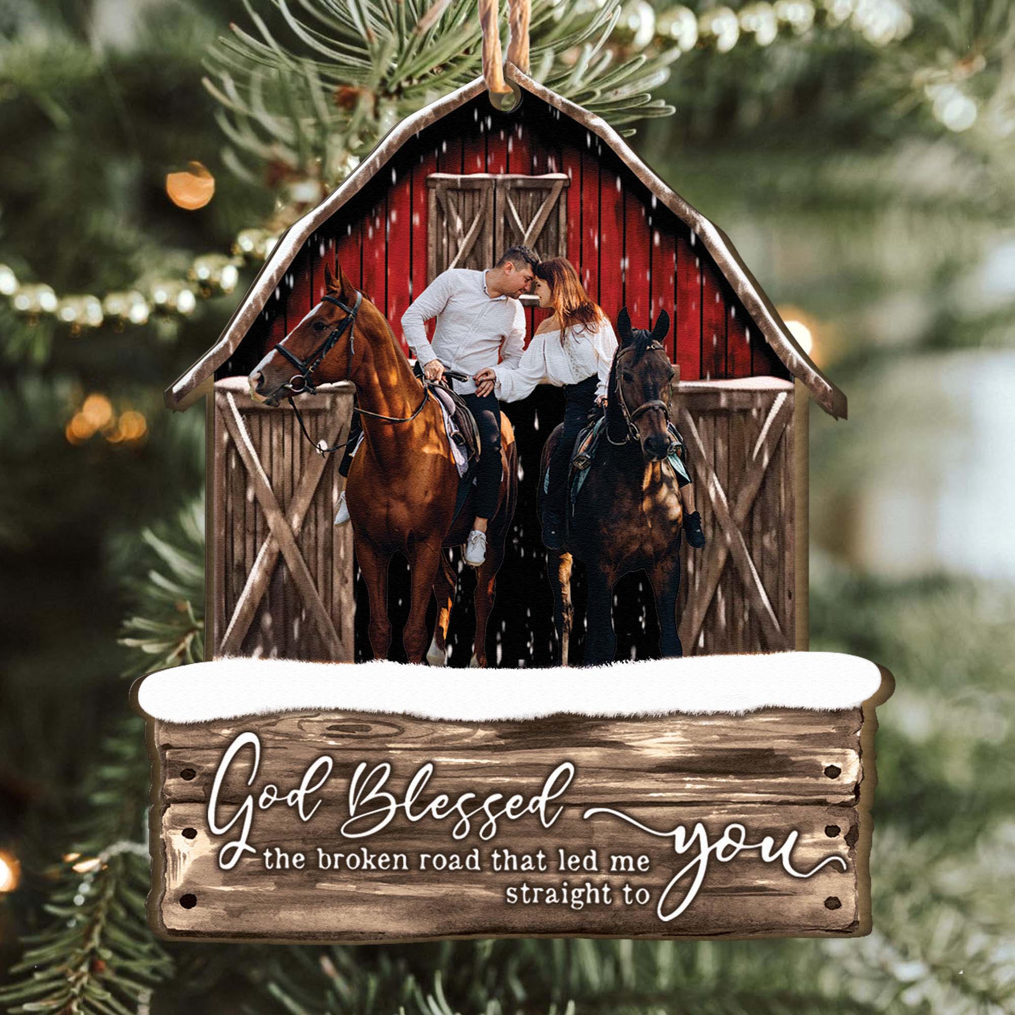 God Blessed The Broken Road Red Barn - Personalized Wooden Photo Ornament - Vintage Ornament - Image 2