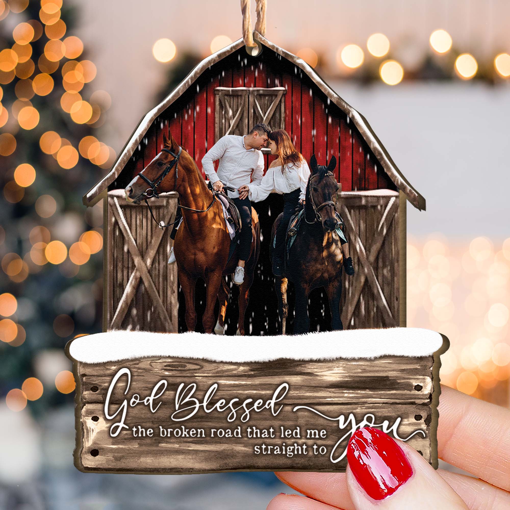 God Blessed The Broken Road Red Barn - Personalized Wooden Photo Ornament - Vintage Ornament - Image 4