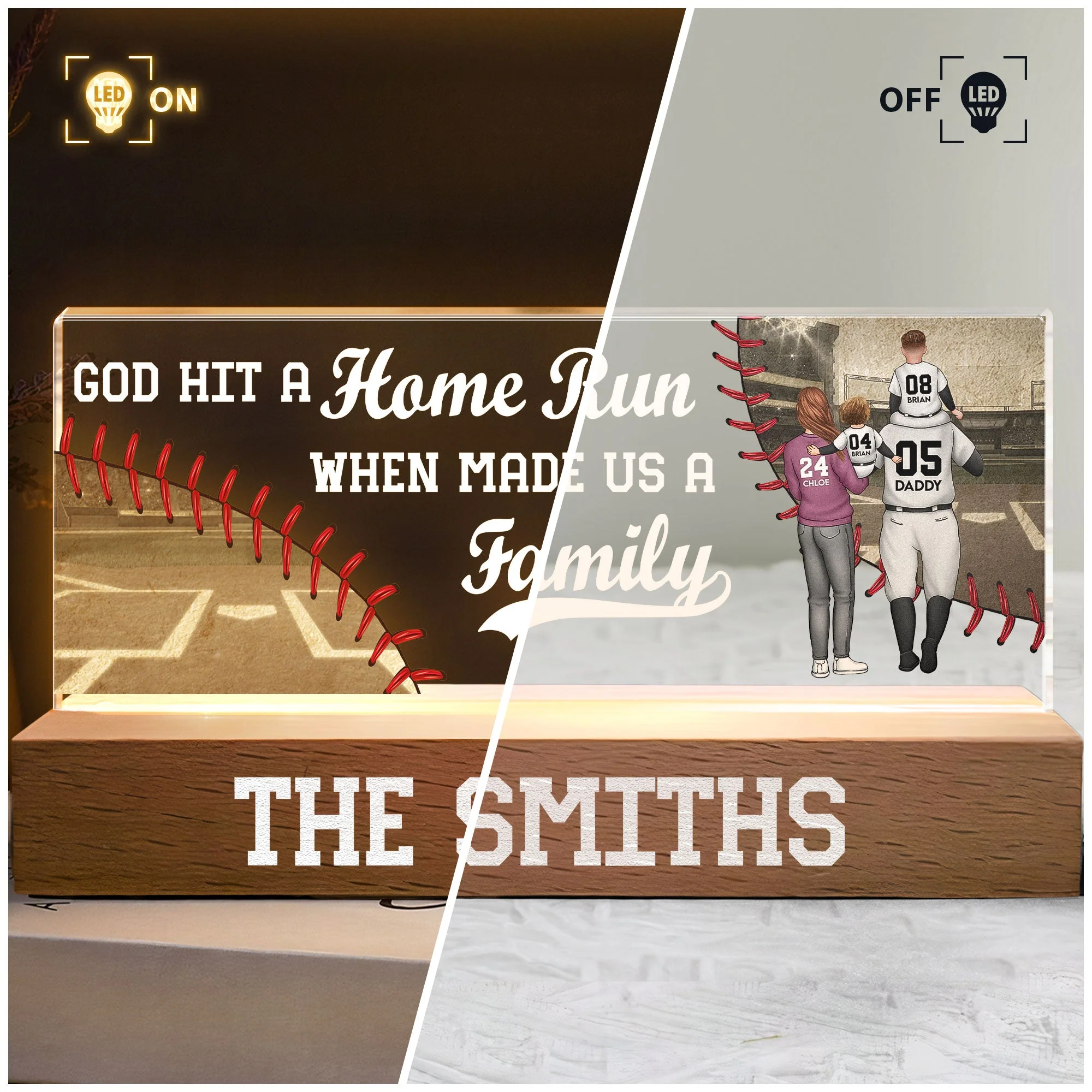God Hit A Home Run When He Made Us A Family - Personalized LED Night Light - Image 2