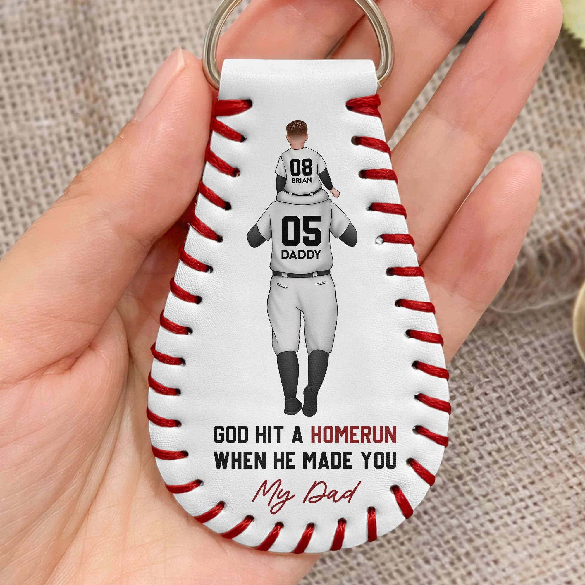 God Hit A Homerun When He Made You My Dad - Personalized Leather Baseball Keychain - Image 2
