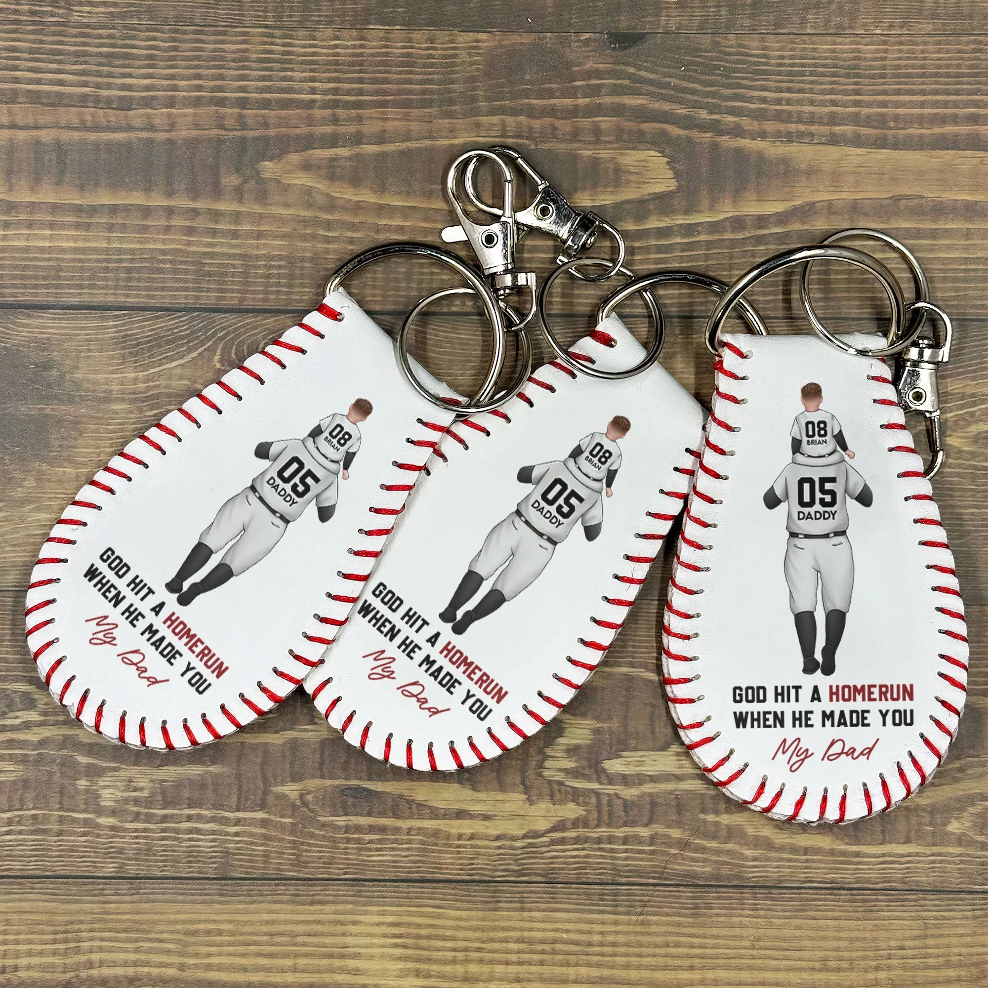 God Hit A Homerun When He Made You My Dad - Personalized Leather Baseball Keychain - Image 3