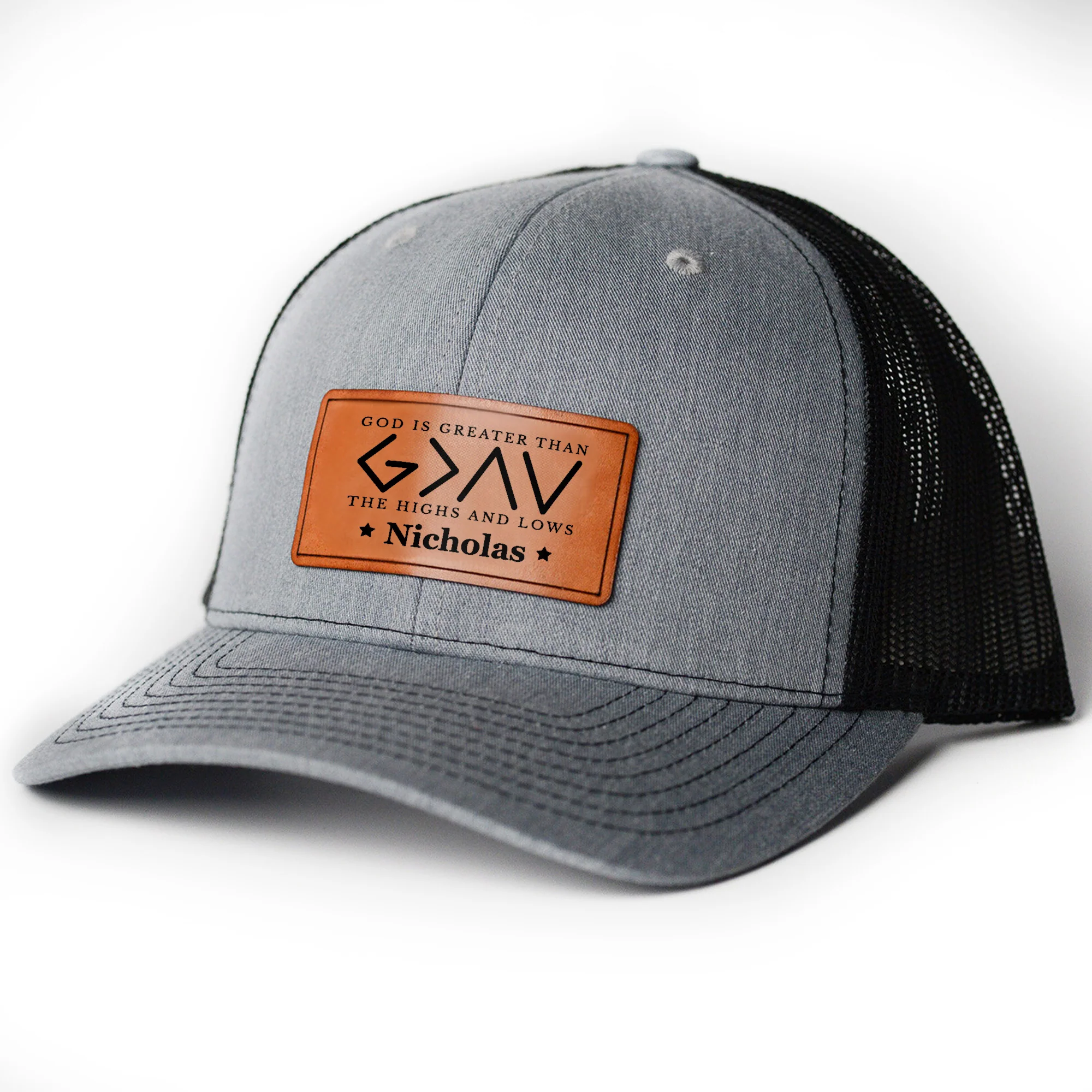 God Is Greater Than The Highs And Lows - Personalized Leather Patch Hat - Image 4