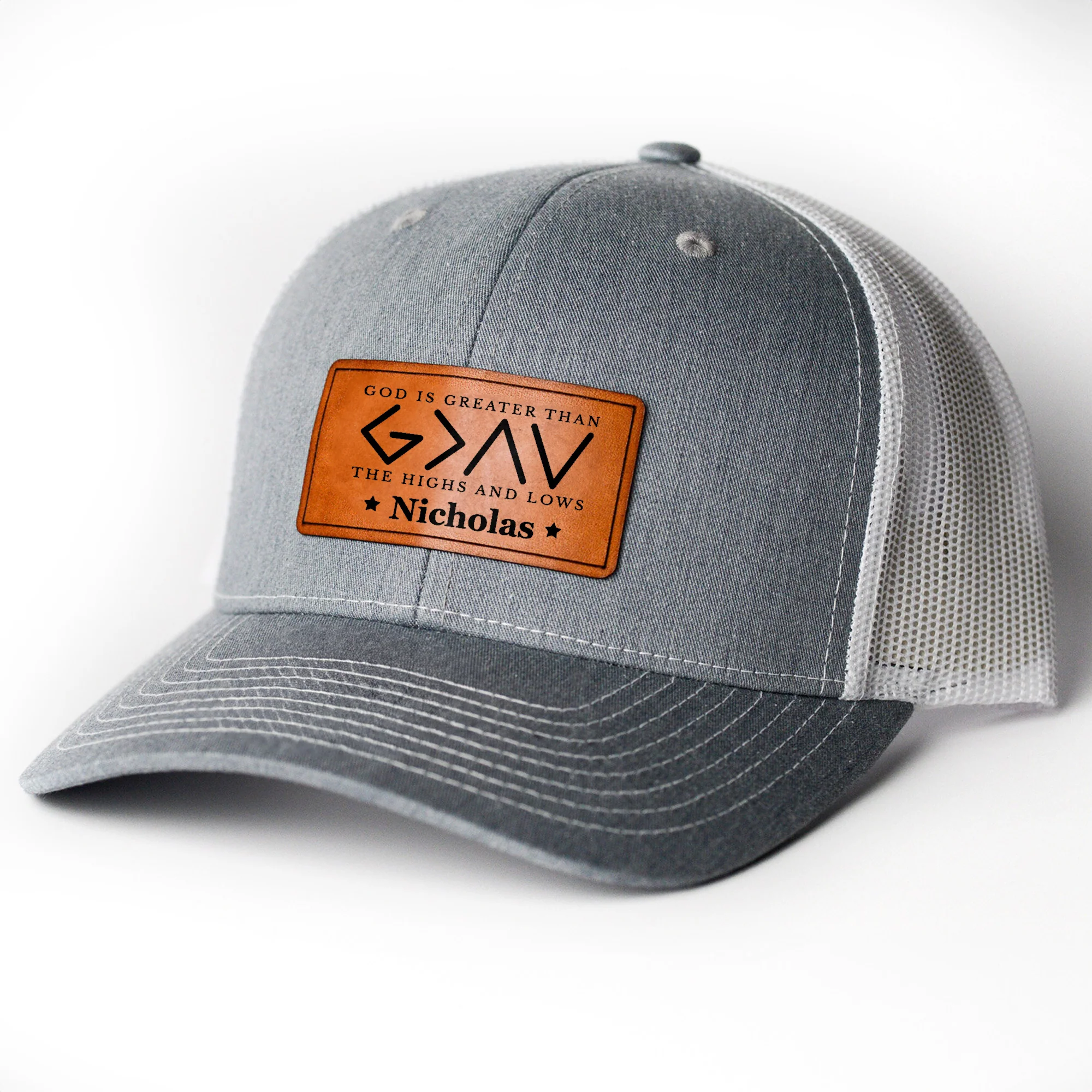 God Is Greater Than The Highs And Lows - Personalized Leather Patch Hat - Image 5
