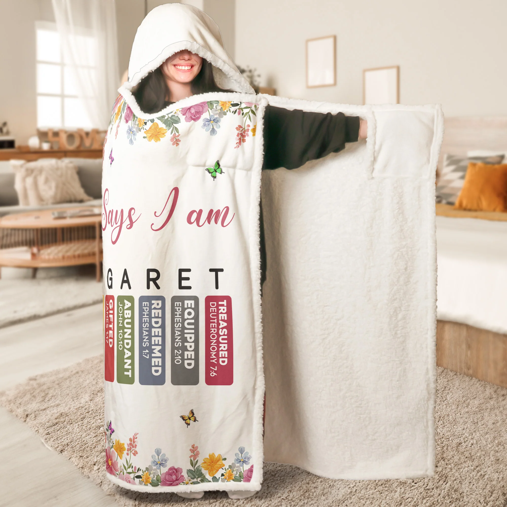 God Says I Am Cartoon With Name Letter In Bible - Personalized Wearable Blanket Hoodie - Image 2