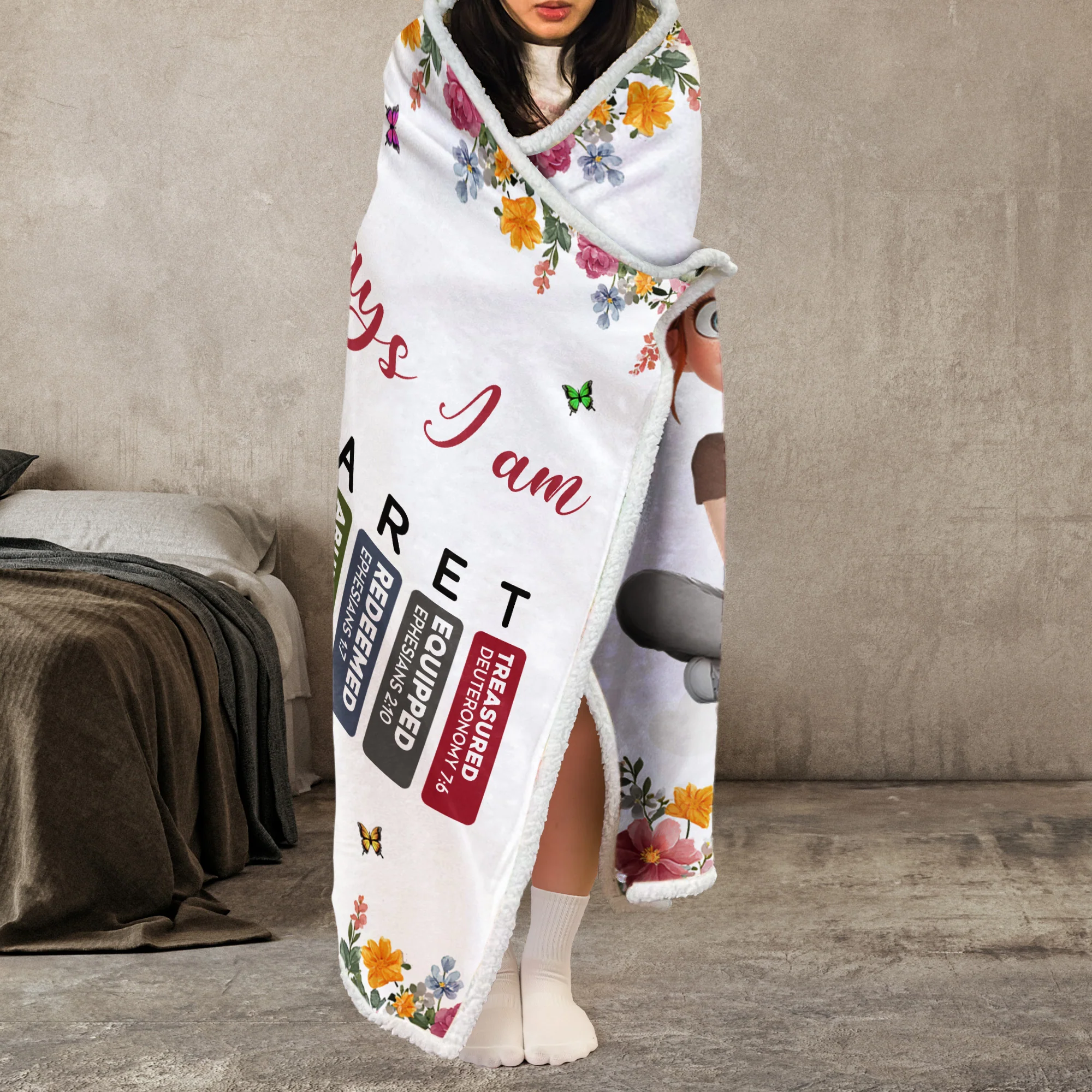 God Says I Am Cartoon With Name Letter In Bible - Personalized Wearable Blanket Hoodie - Image 3