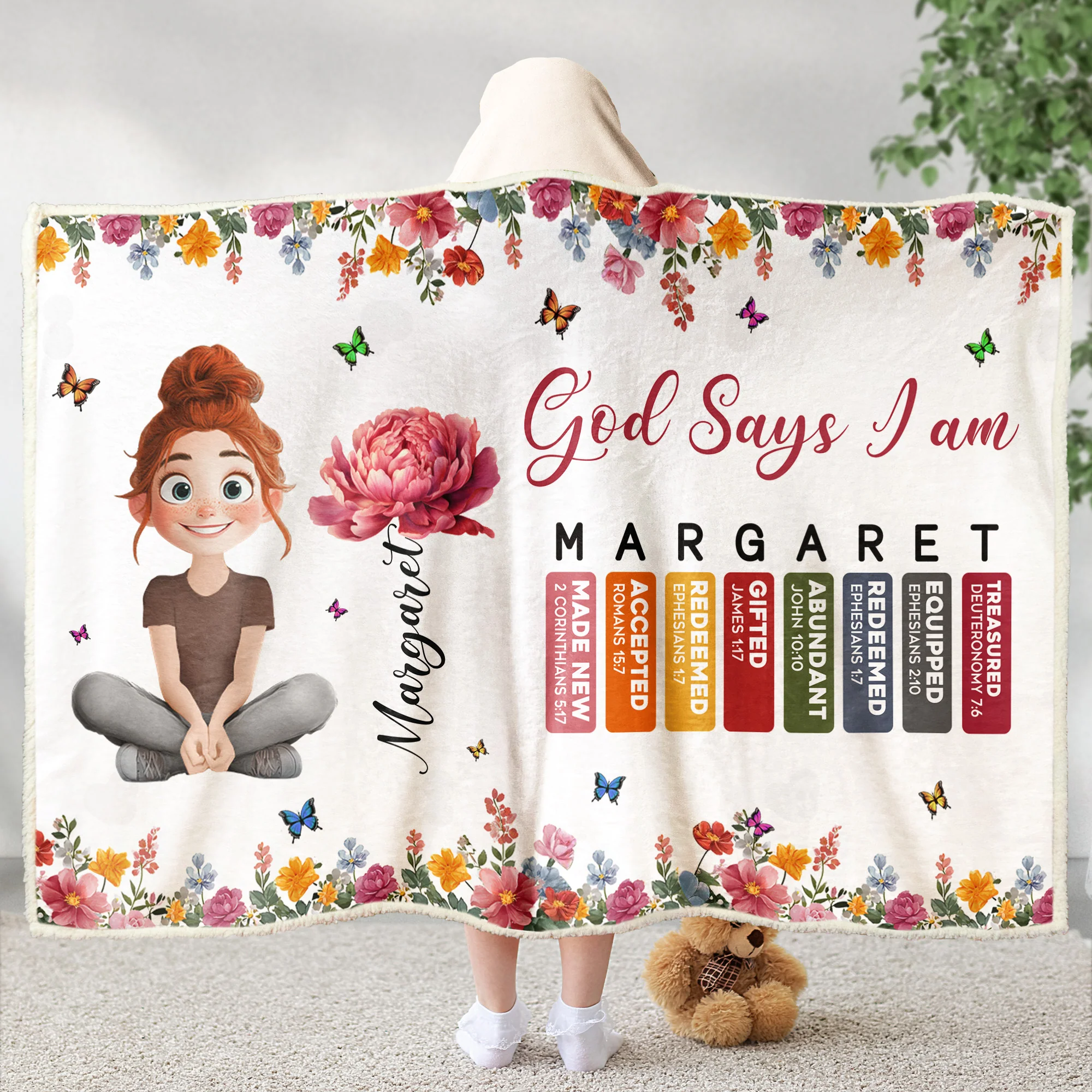 God Says I Am Cartoon With Name Letter In Bible - Personalized Wearable Blanket Hoodie - Image 4
