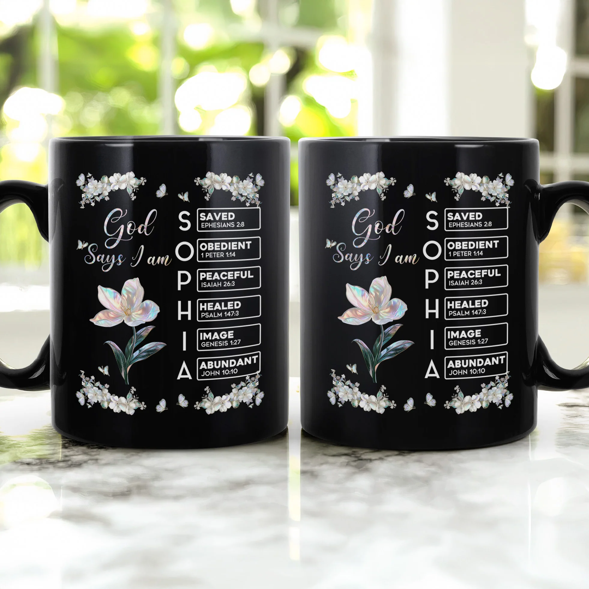 God Says I Am Custom Name In Bible Verses Birth Flower Pearl Effect Printed - Personalized Mug - Image 2