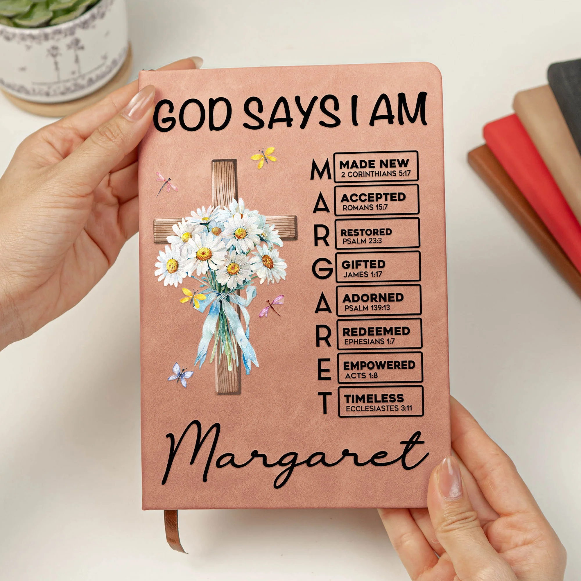 God Says I Am Name In Bible Verse Birth Flower - Personalized Leather Journal - Image 2