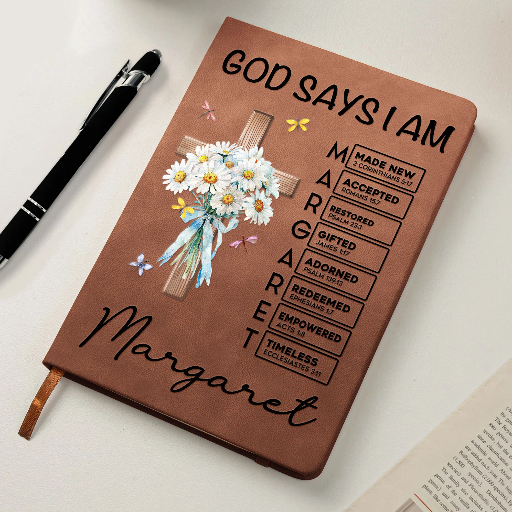 God Says I Am Name In Bible Verse Birth Flower - Personalized Leather Journal - Image 4