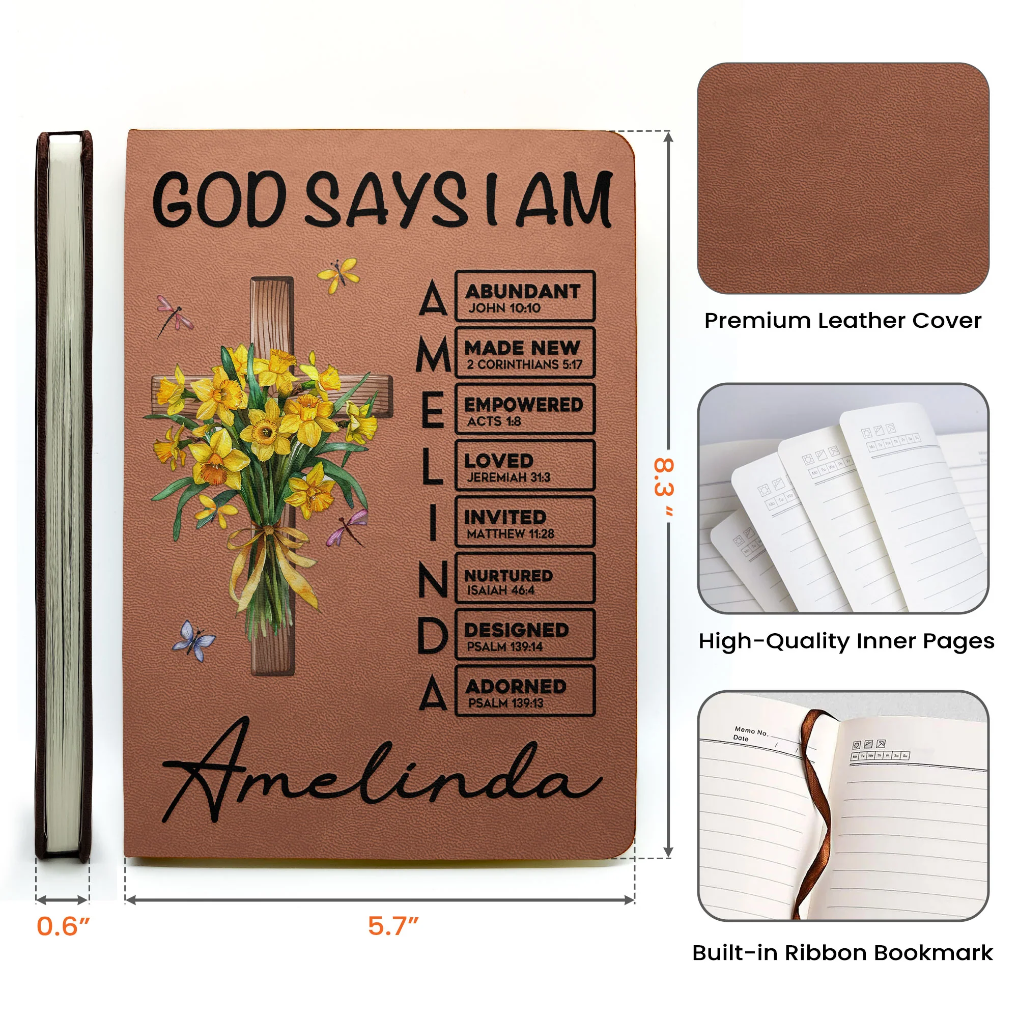 God Says I Am Name In Bible Verse Birth Flower - Personalized Leather Journal - Image 5