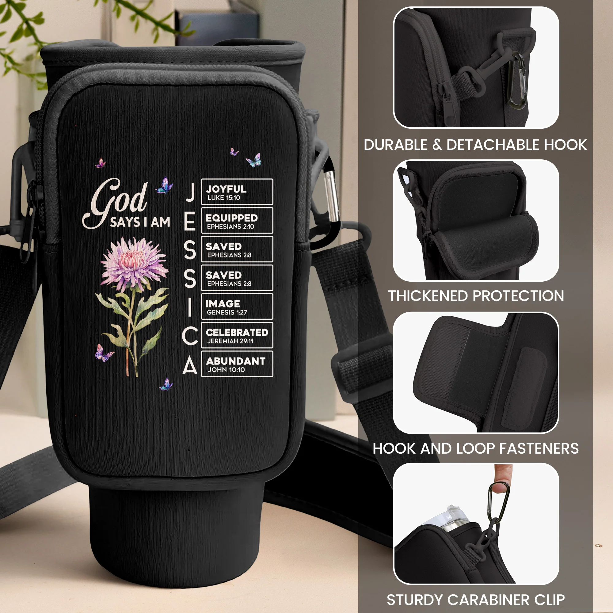 God Says I Am Name In Bible Verse New Version - Personalized Water Bottle Carrier Bag With Phone Pocket - Image 7