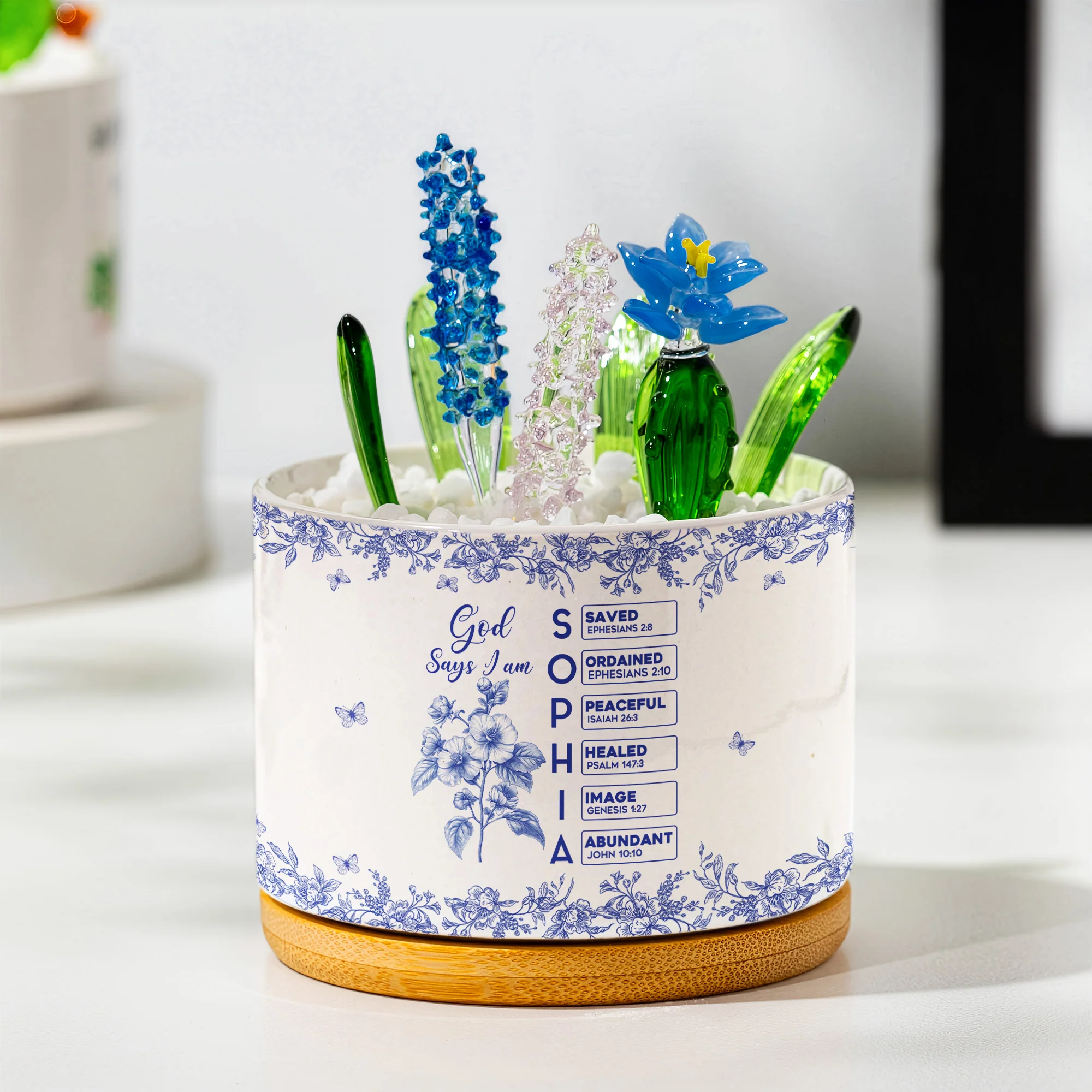 God Says I Am Name In Bible Verse - Personalized Plant Pot With Glass Succulents - Image 2