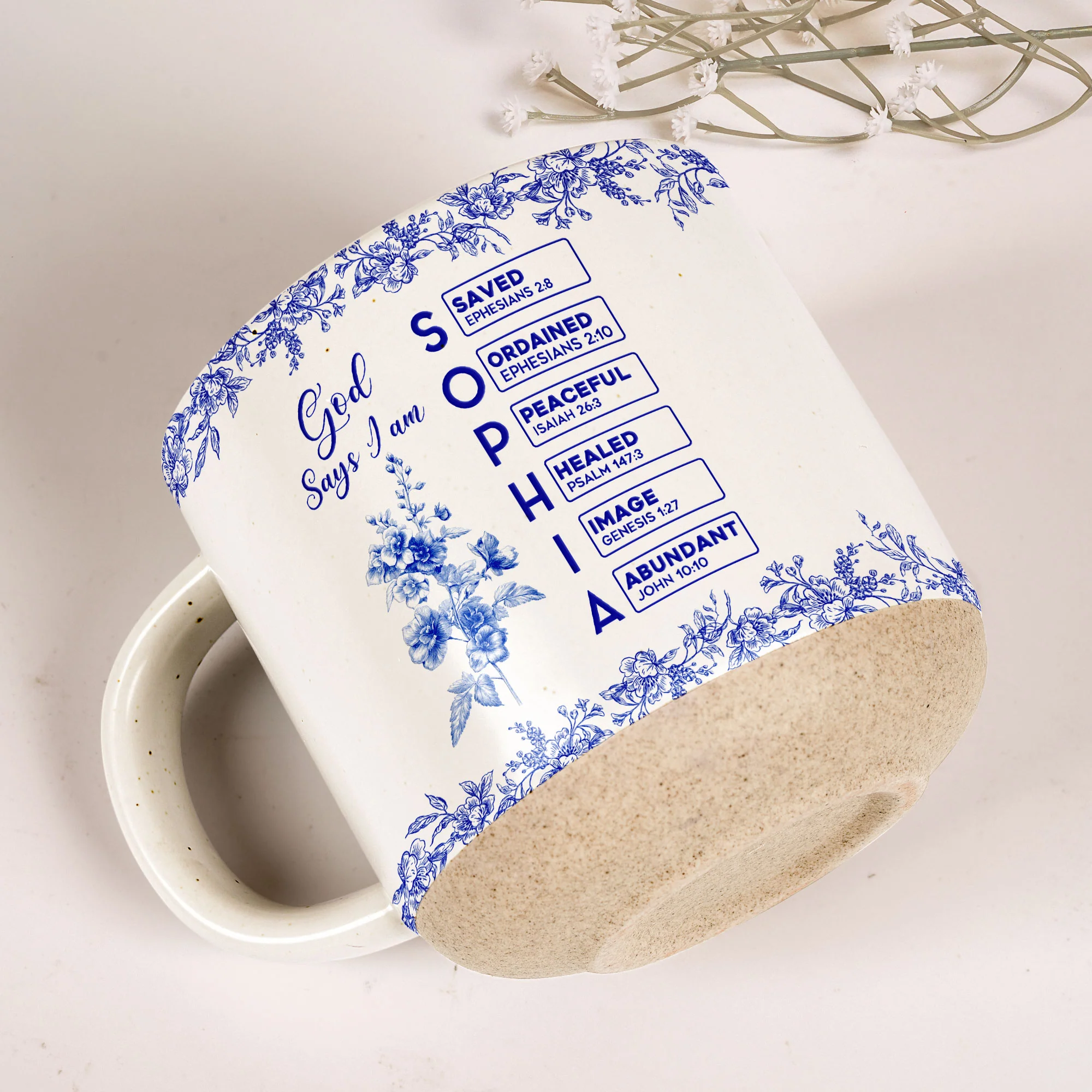 God Says I Am Name Letter In Bible Birth Flower Toile De Jouy Style - Personalized Pottery Mug - Image 3