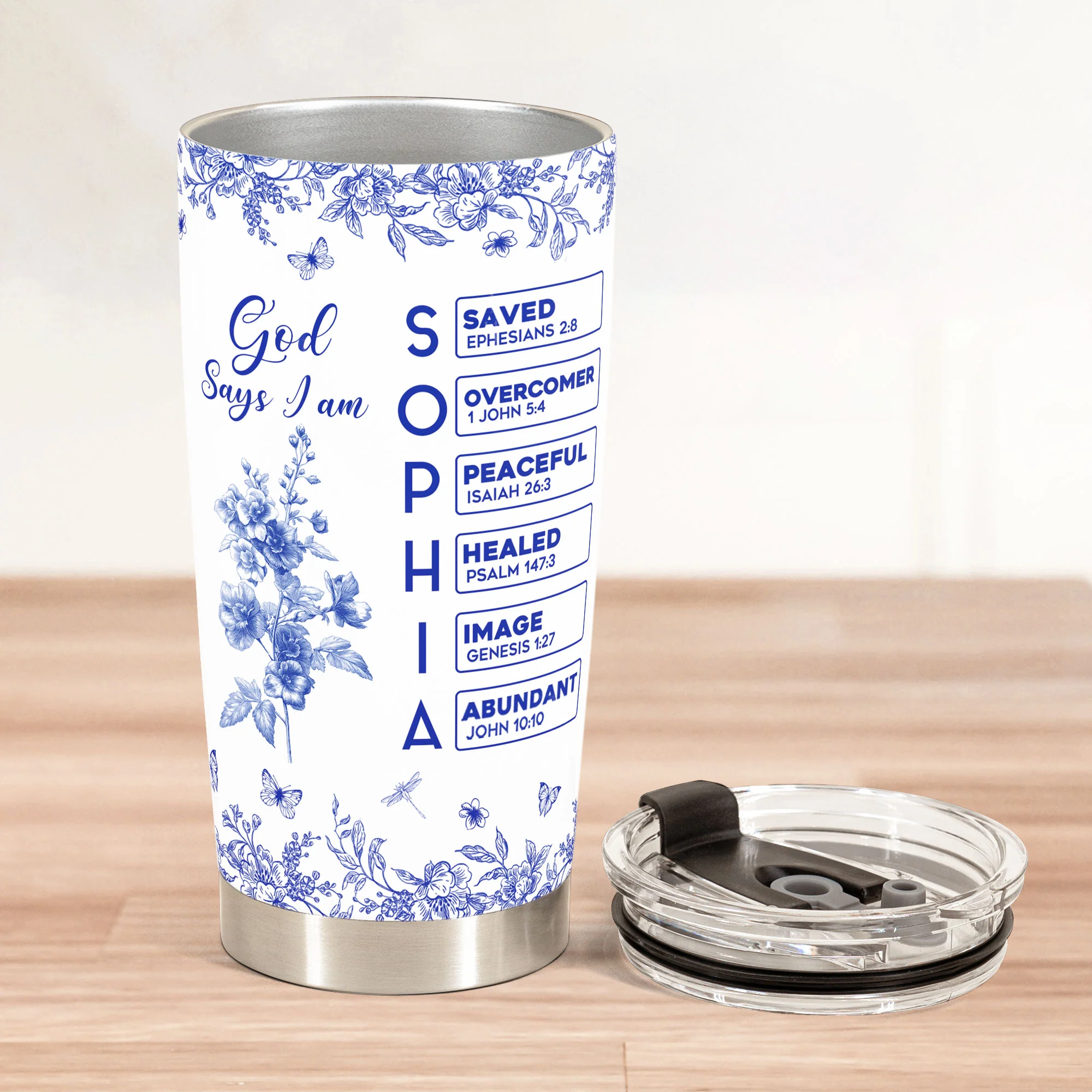 God Says I Am Name Letter In Bible Birth Flower Toile De Jouy Style - Personalized Tumbler Cup - Image 2