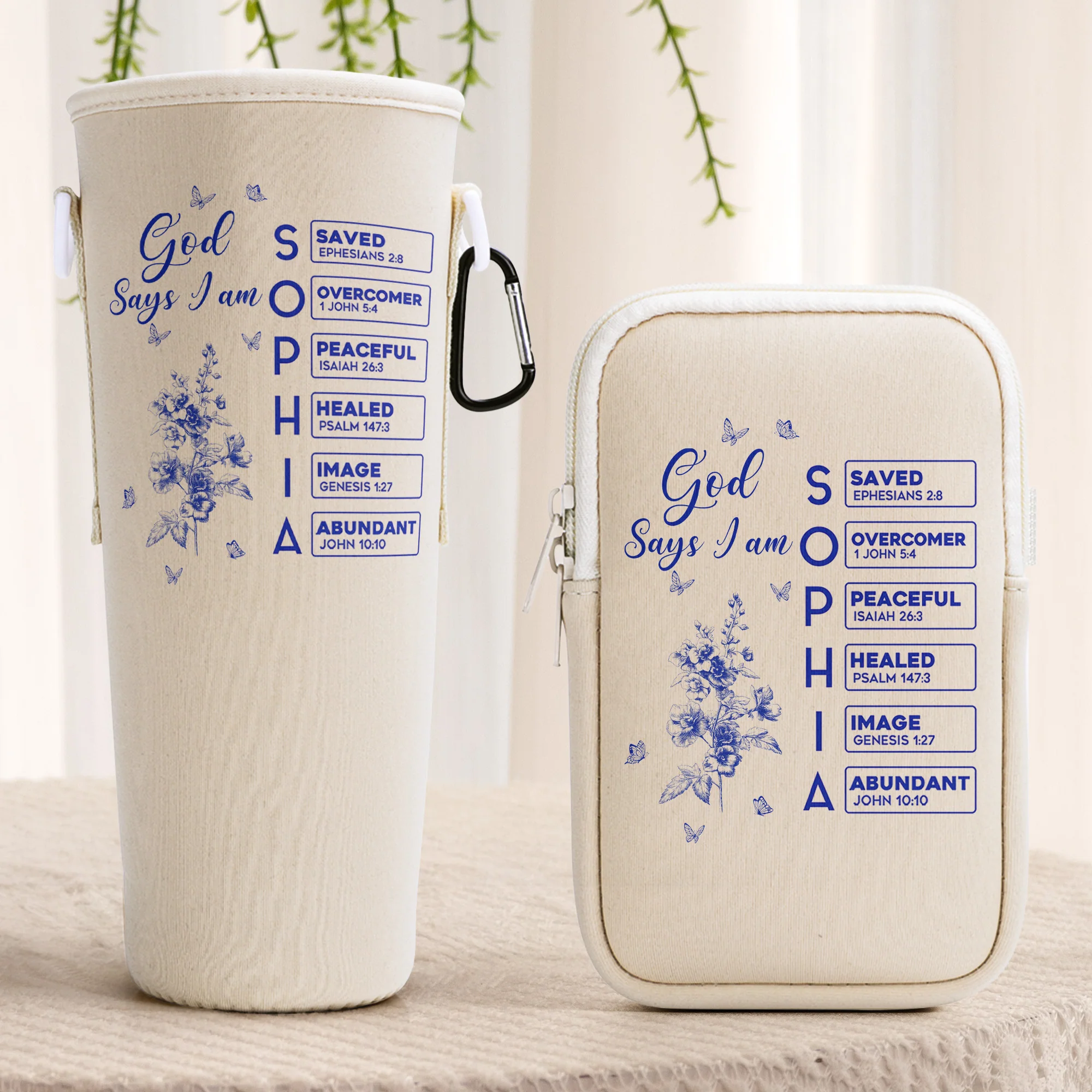 God Says I Am Name Letter In Bible - Personalized Water Bottle Carrier Bag With Phone Pocket - Image 2