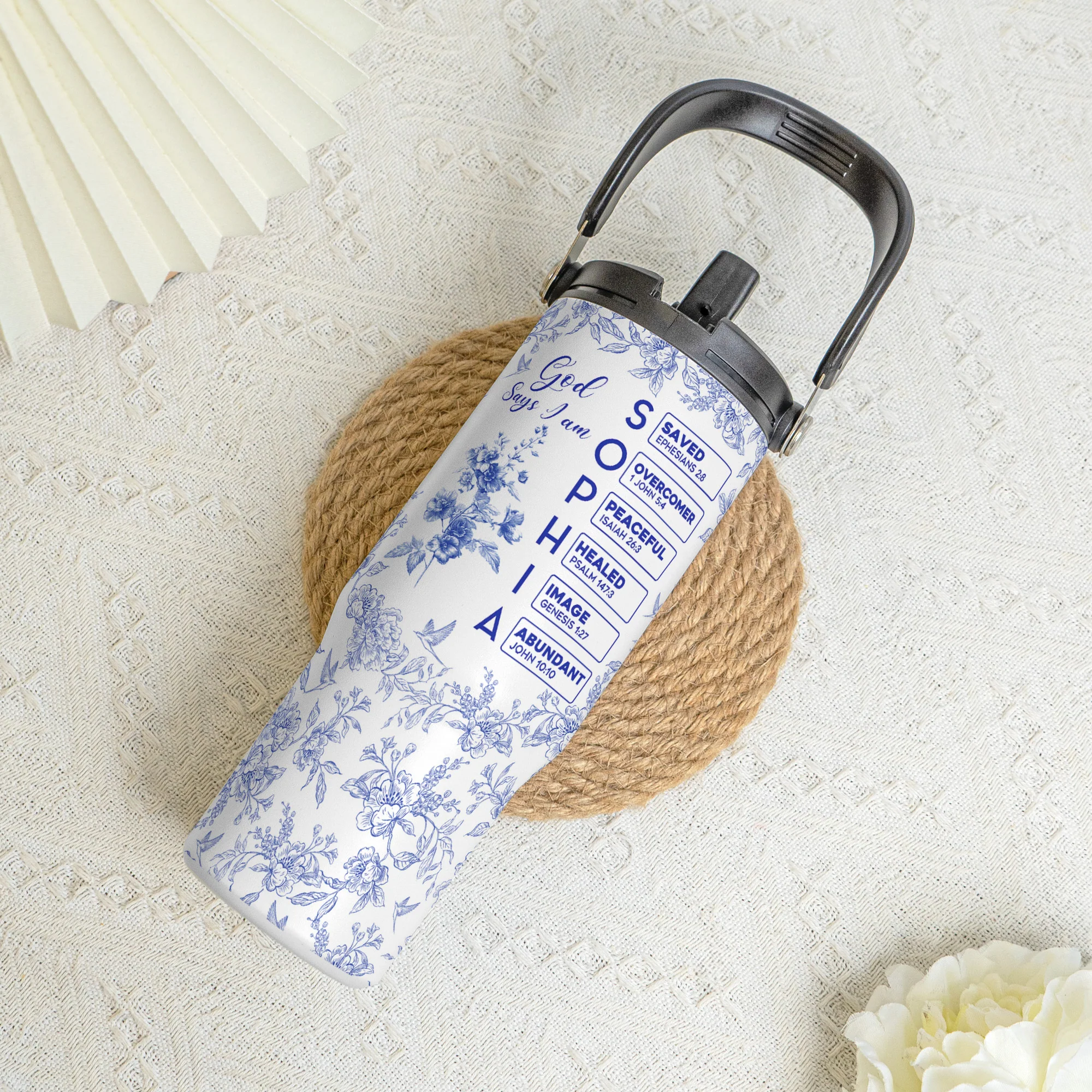 God Says I Am Name Letter In Bible Toile De Jouy Style - Personalized 30oz Tumbler With Handle - Image 2