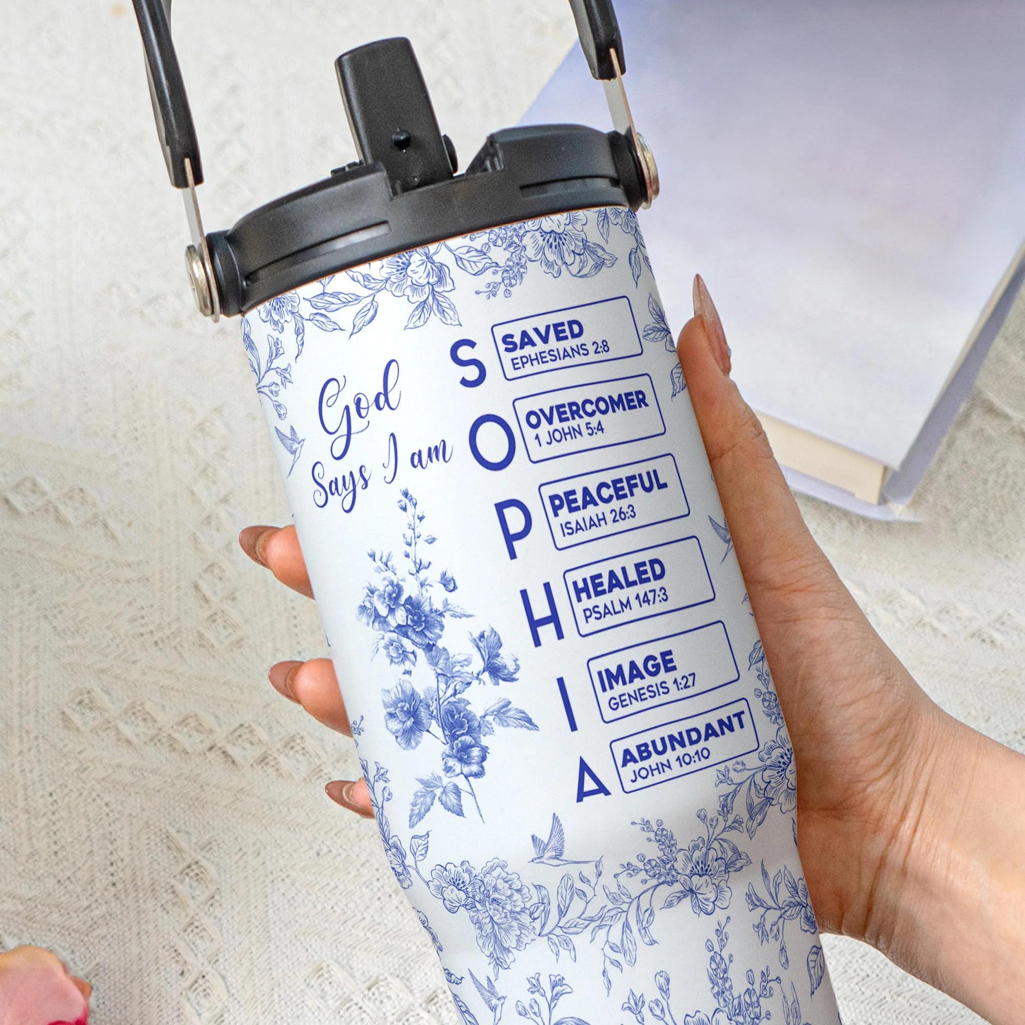 God Says I Am Name Letter In Bible Toile De Jouy Style - Personalized 30oz Tumbler With Handle - Image 3