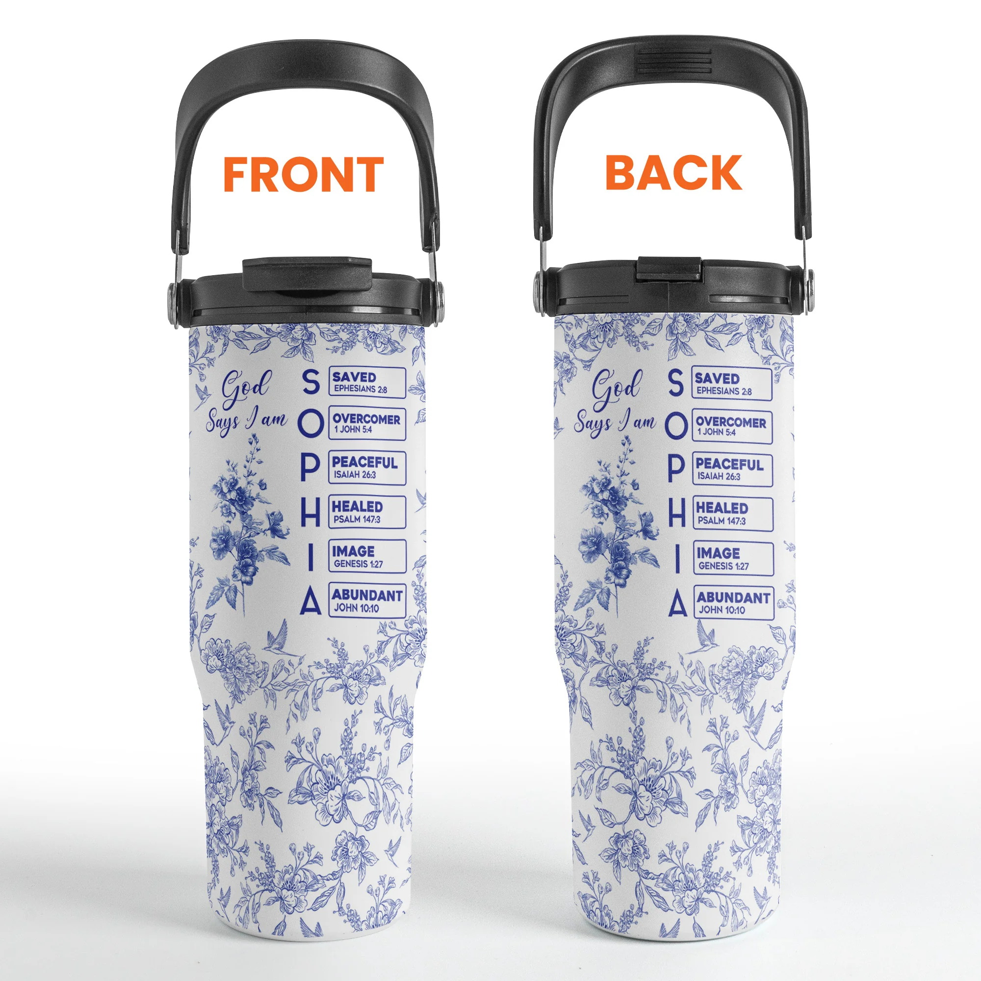God Says I Am Name Letter In Bible Toile De Jouy Style - Personalized 30oz Tumbler With Handle - Image 5