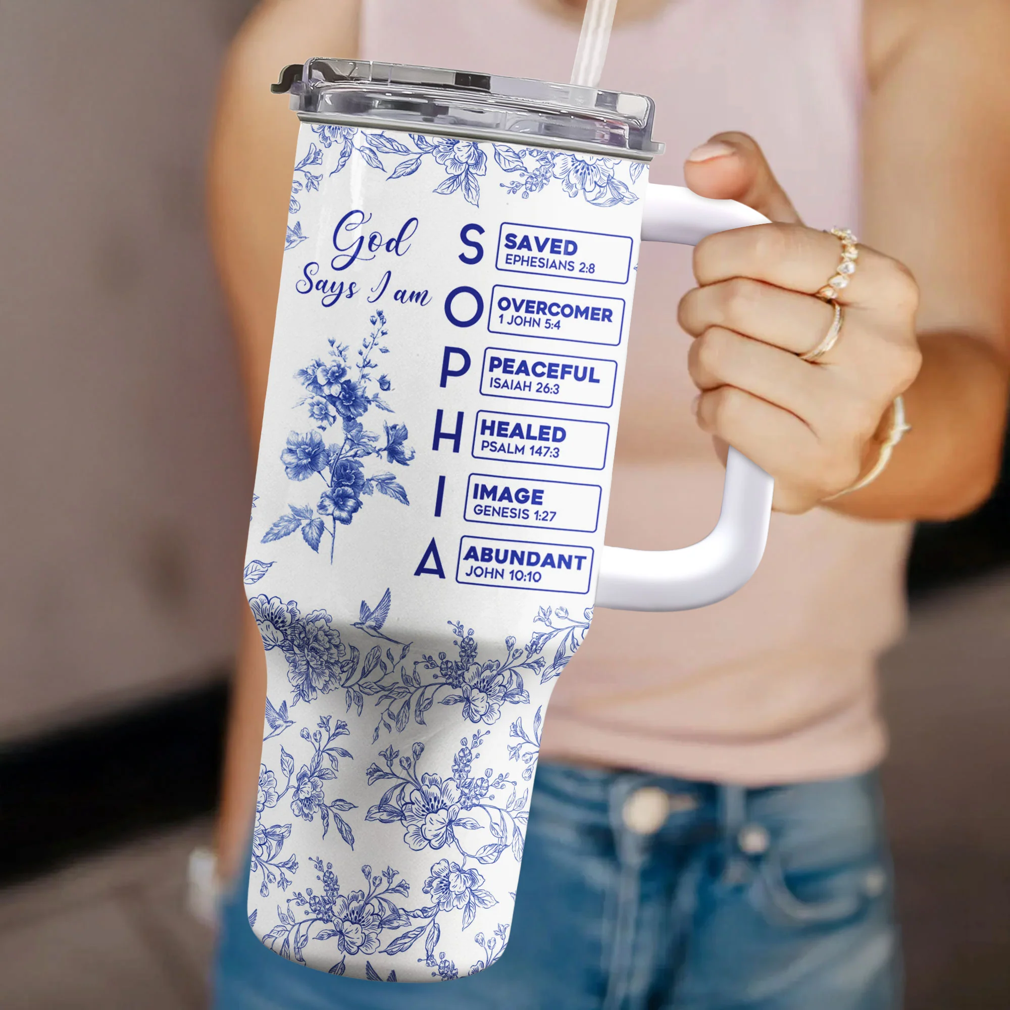 God Says I Am Name Letter In Bible Toile De Jouy Style - Personalized 40oz Tumbler With Straw - Image 3