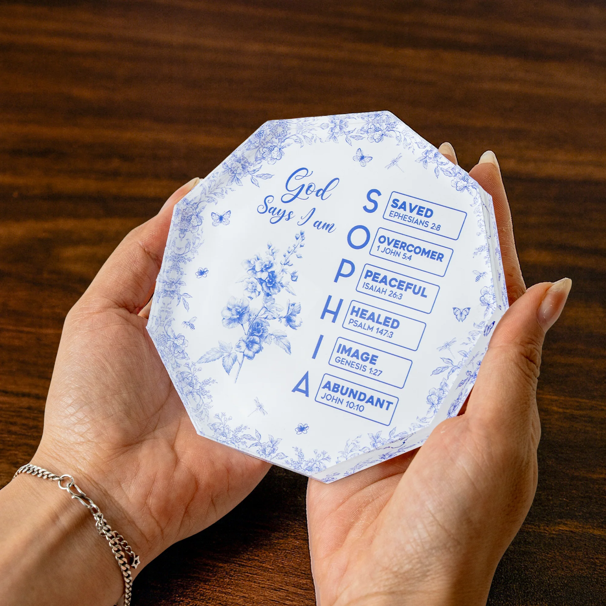 God Says I Am Name Letter In Bible Toile De Jouy Style - Personalized Acrylic Plaque - Image 5