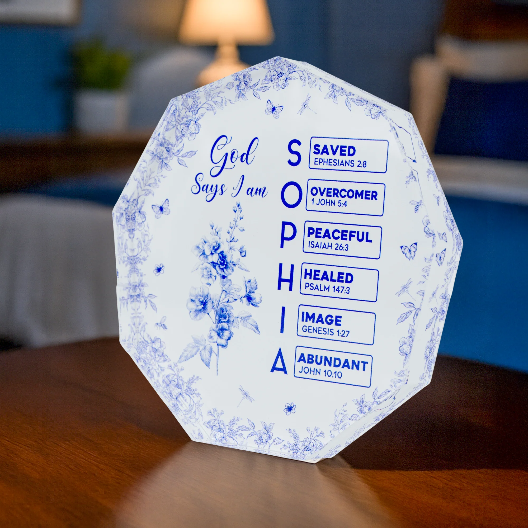 God Says I Am Name Letter In Bible Toile De Jouy Style - Personalized Acrylic Plaque - Image 6