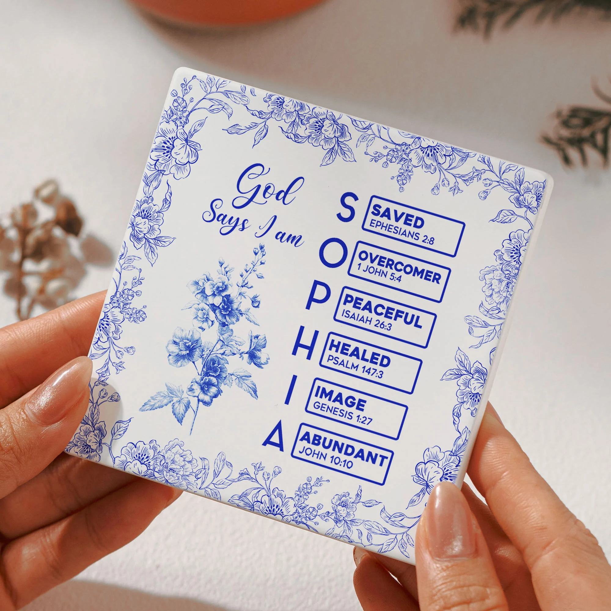 God Says I Am Name Letter In Bible Toile De Jouy Style - Personalized Ceramic Coaster - Image 3
