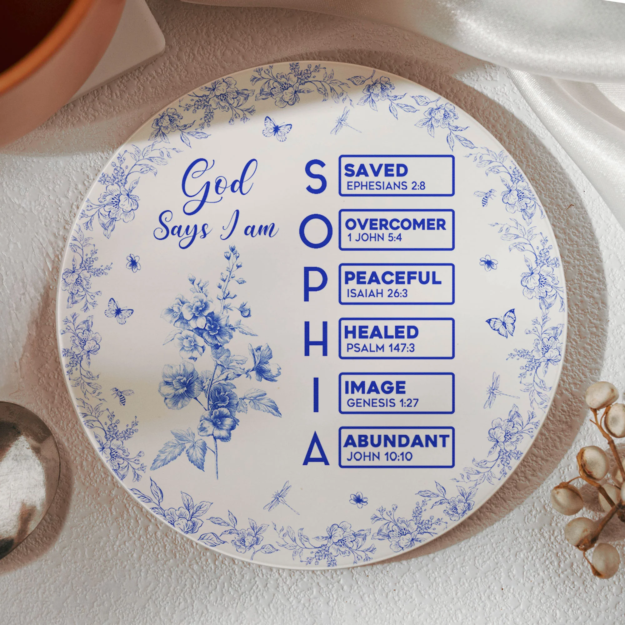 God Says I Am Name Letter In Bible Toile De Jouy Style - Personalized Ceramic Coaster - Image 4