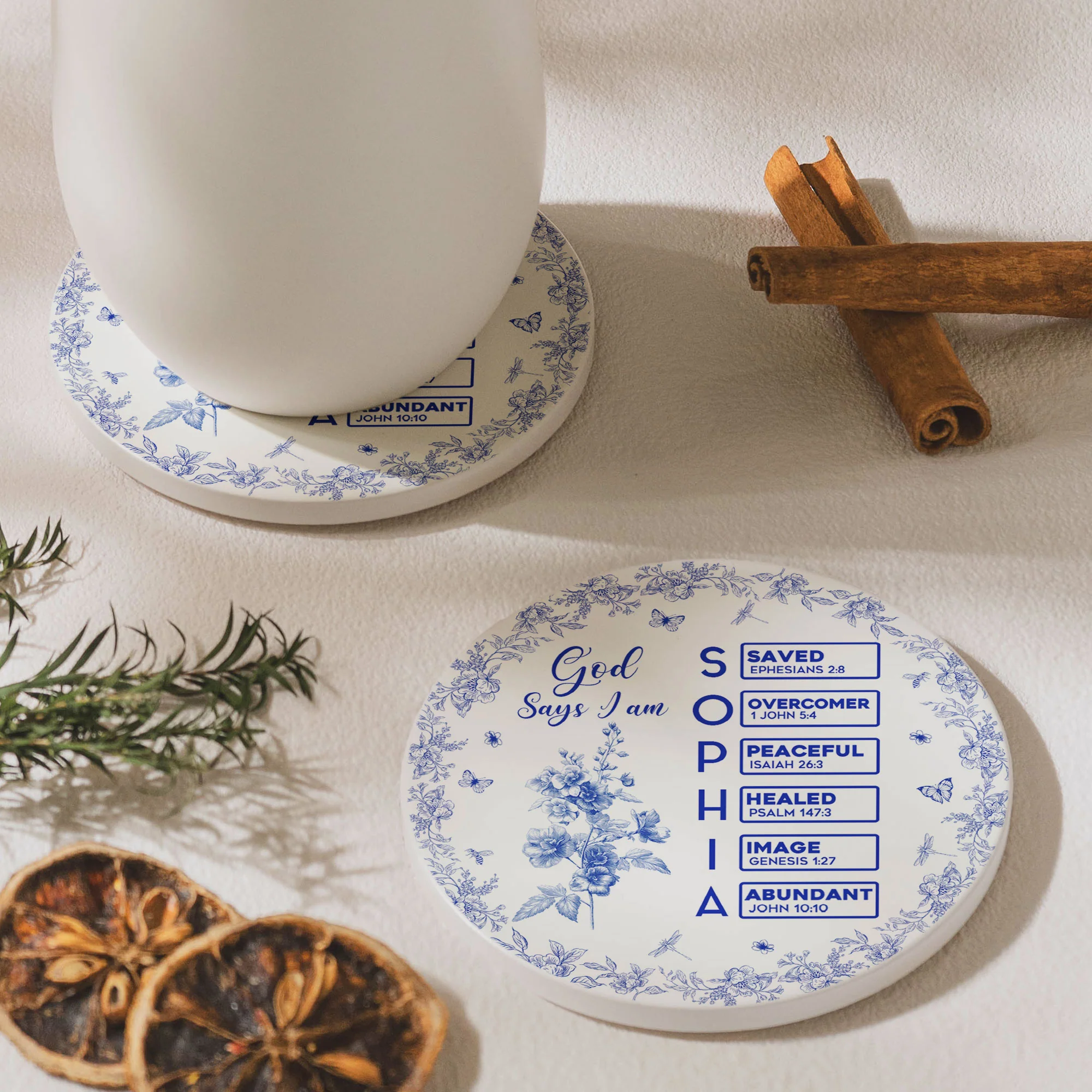 God Says I Am Name Letter In Bible Toile De Jouy Style - Personalized Ceramic Coaster - Image 5