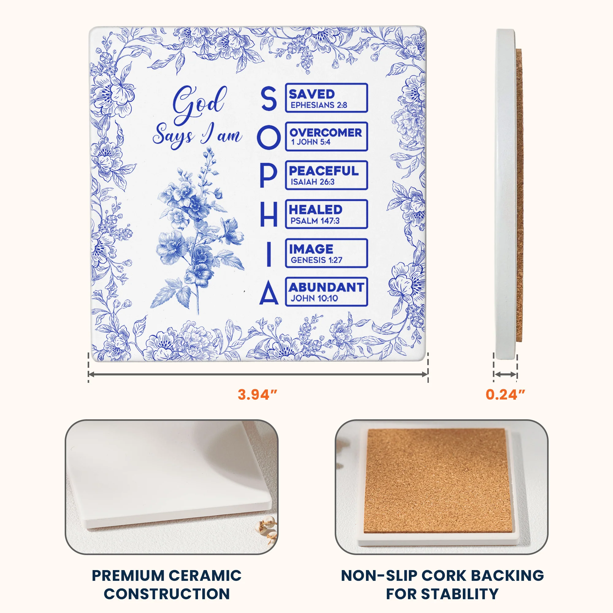 God Says I Am Name Letter In Bible Toile De Jouy Style - Personalized Ceramic Coaster - Image 7