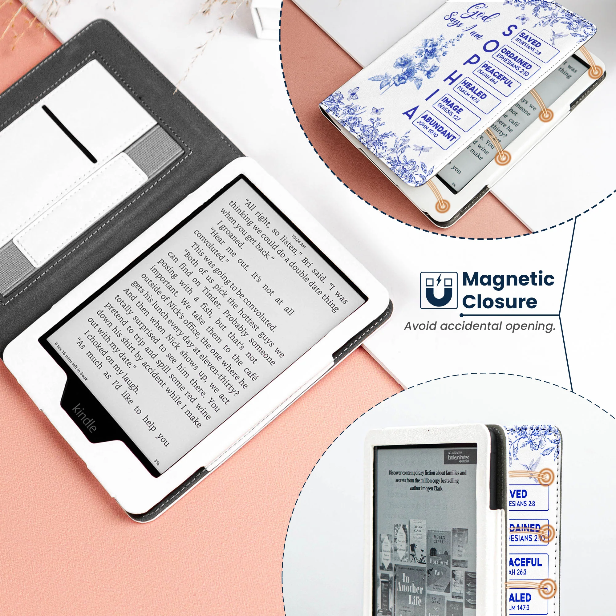 God Says I Am Name Letter In Bible Toile De Jouy Style - Personalized Kindle Paperwhite Case With Stand - Image 3