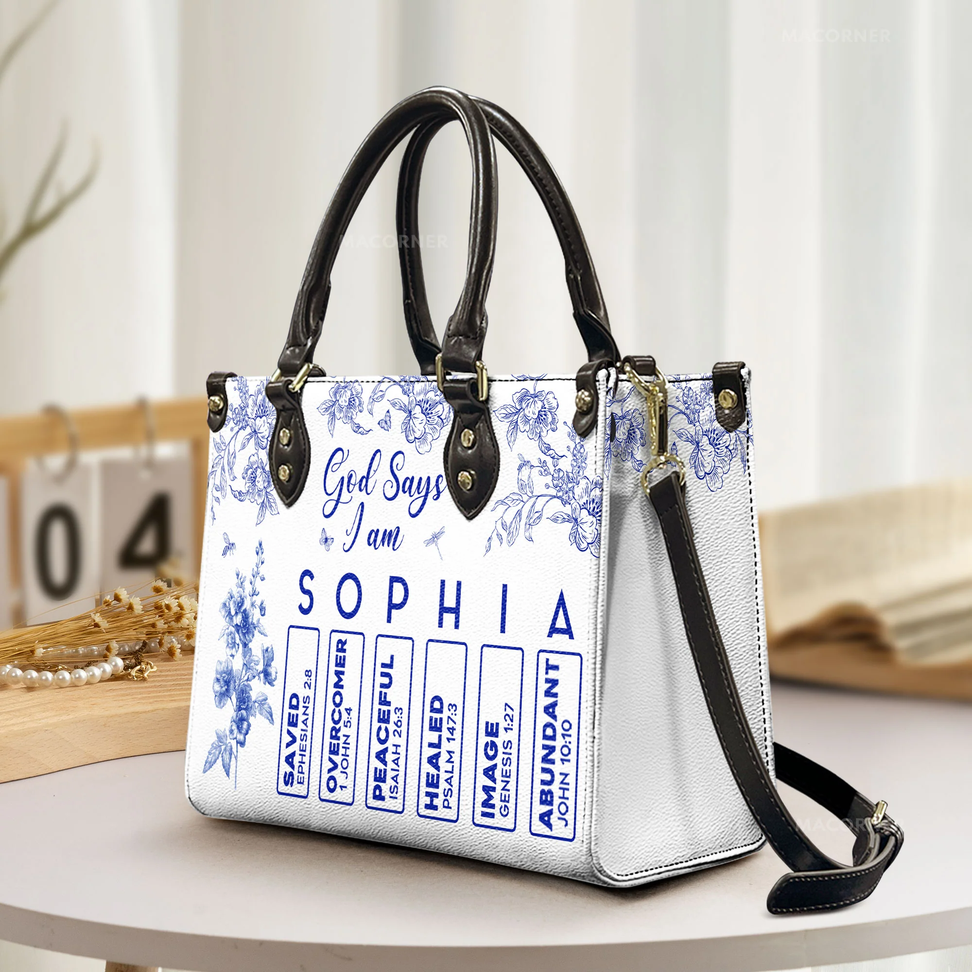 God Says I Am Name Letter In Bible Toile De Jouy Style - Personalized Leather Bag - Image 2