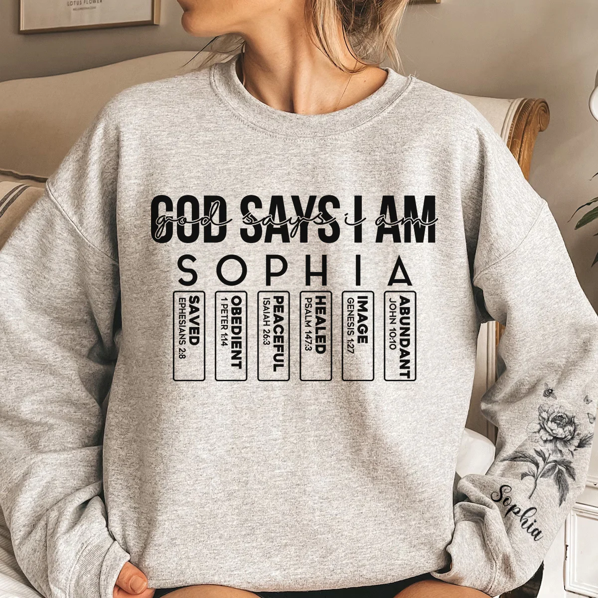 God Says I Am Name Letter In Bible Toile De Jouy Style - Personalized Sweatshirt - Image 3