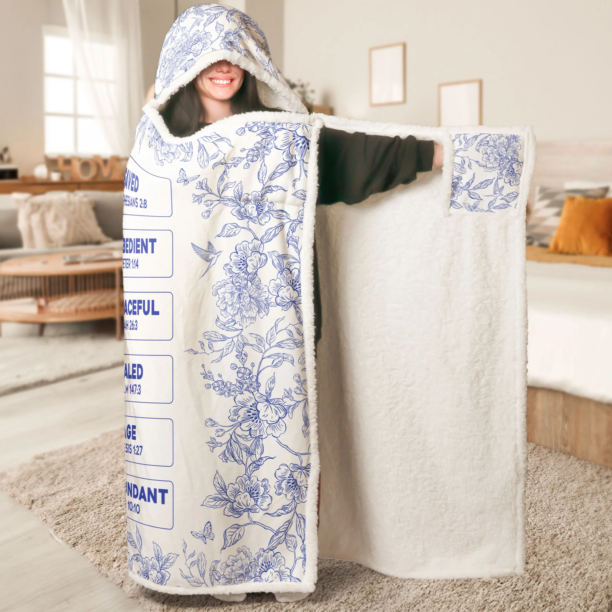 God Says I Am Name Letter In Bible Toile De Jouy Style - Personalized Wearable Blanket Hoodie - Image 2