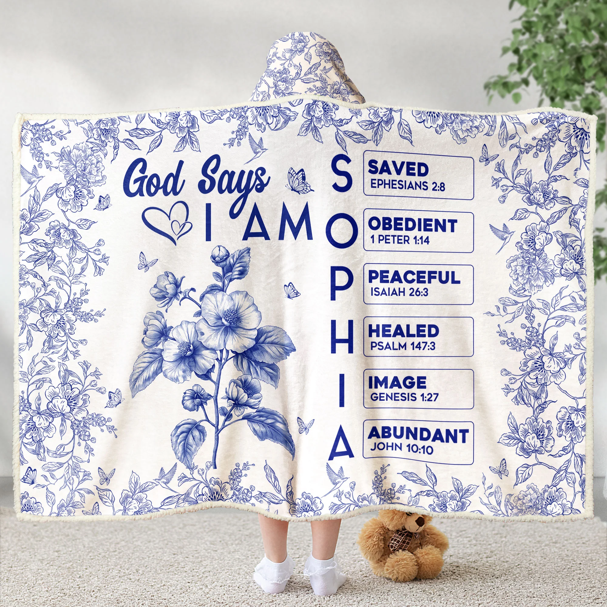 God Says I Am Name Letter In Bible Toile De Jouy Style - Personalized Wearable Blanket Hoodie - Image 4