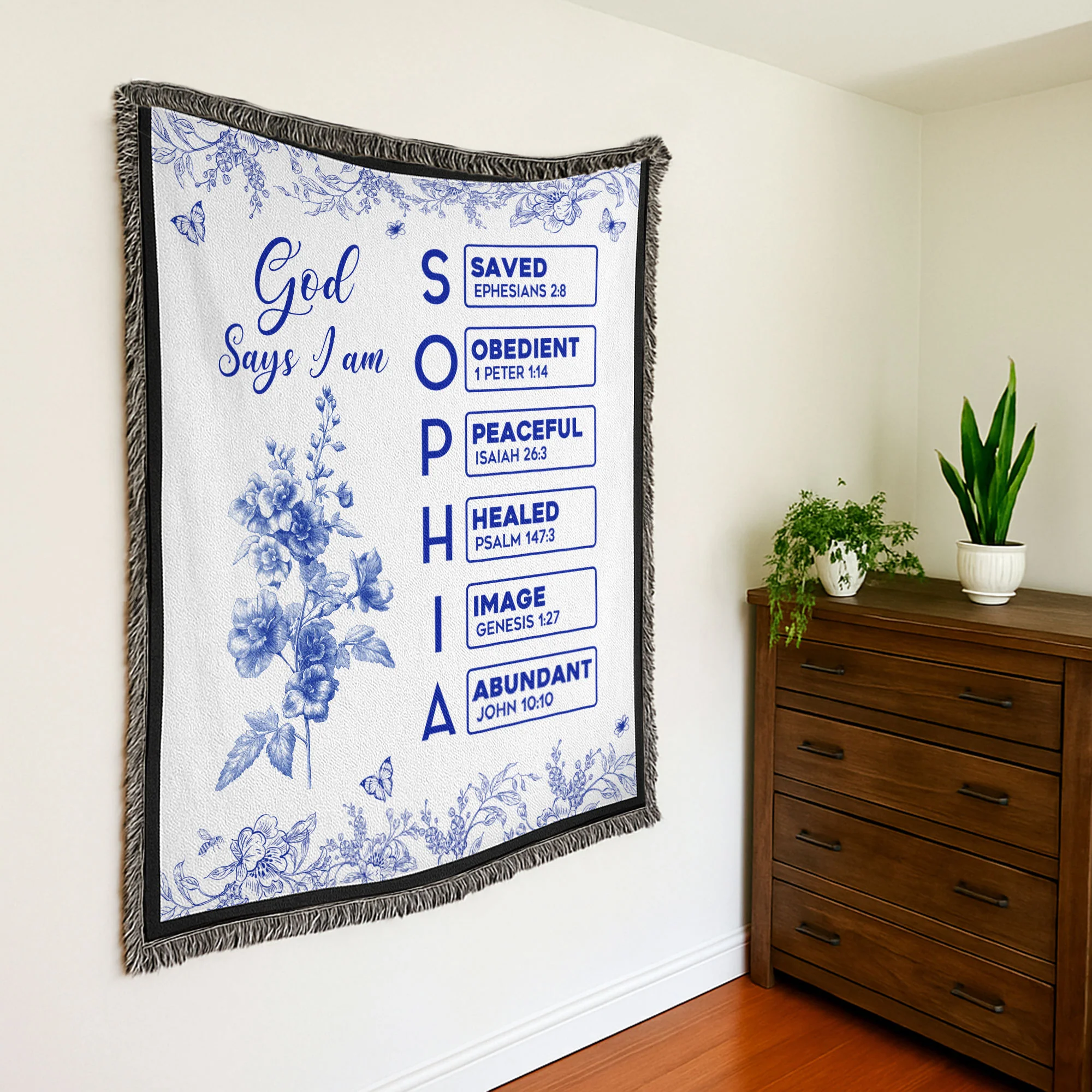 God Says I Am Name Letter In Bible Toile De Jouy Style - Personalized Woven Blanket - Image 2