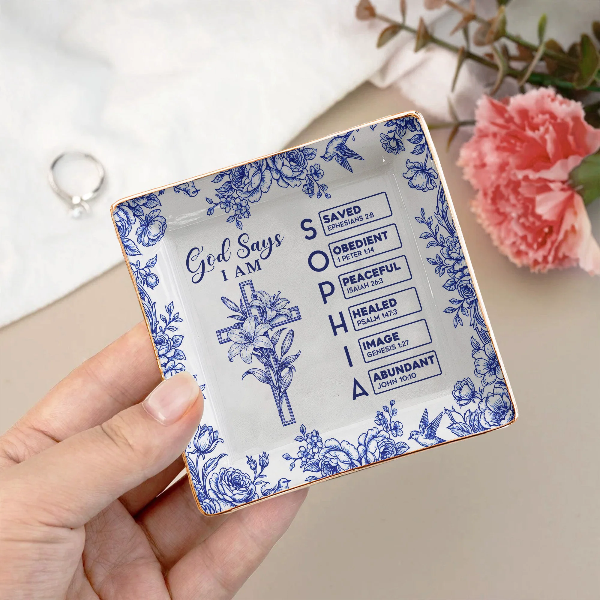 God Says I Am Name Letter In Bible Toile De Jouy With Faith Symbol - Personalized Jewelry Dish - Image 3