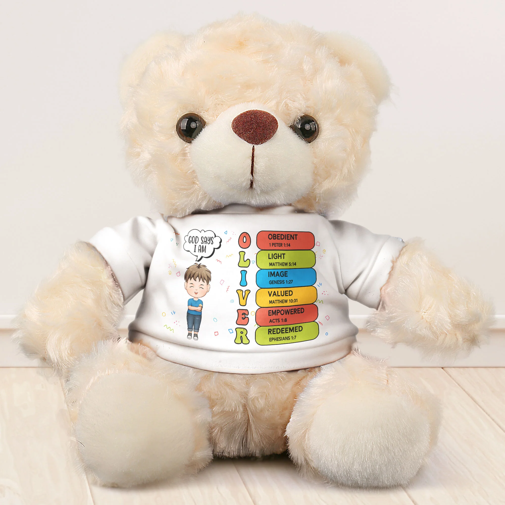 God Says I Am - Teddy Bear With Personalized Shirt - Image 2