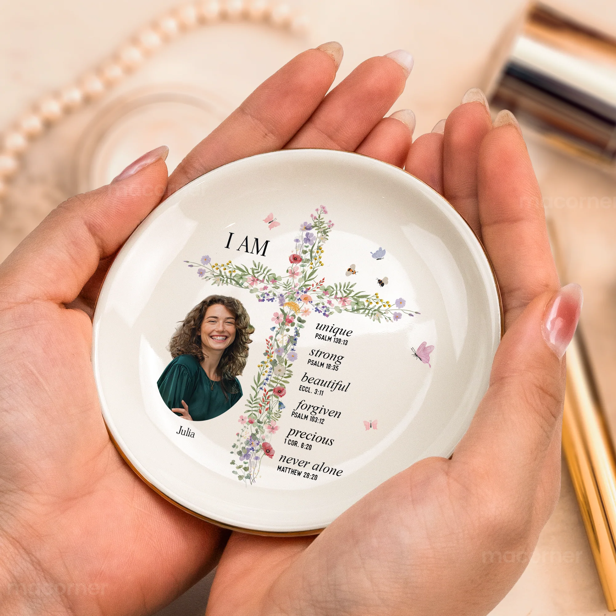 God Says I Am With Floral Cross Gift For Daughter - Personalized Photo Jewelry Dish - Image 6