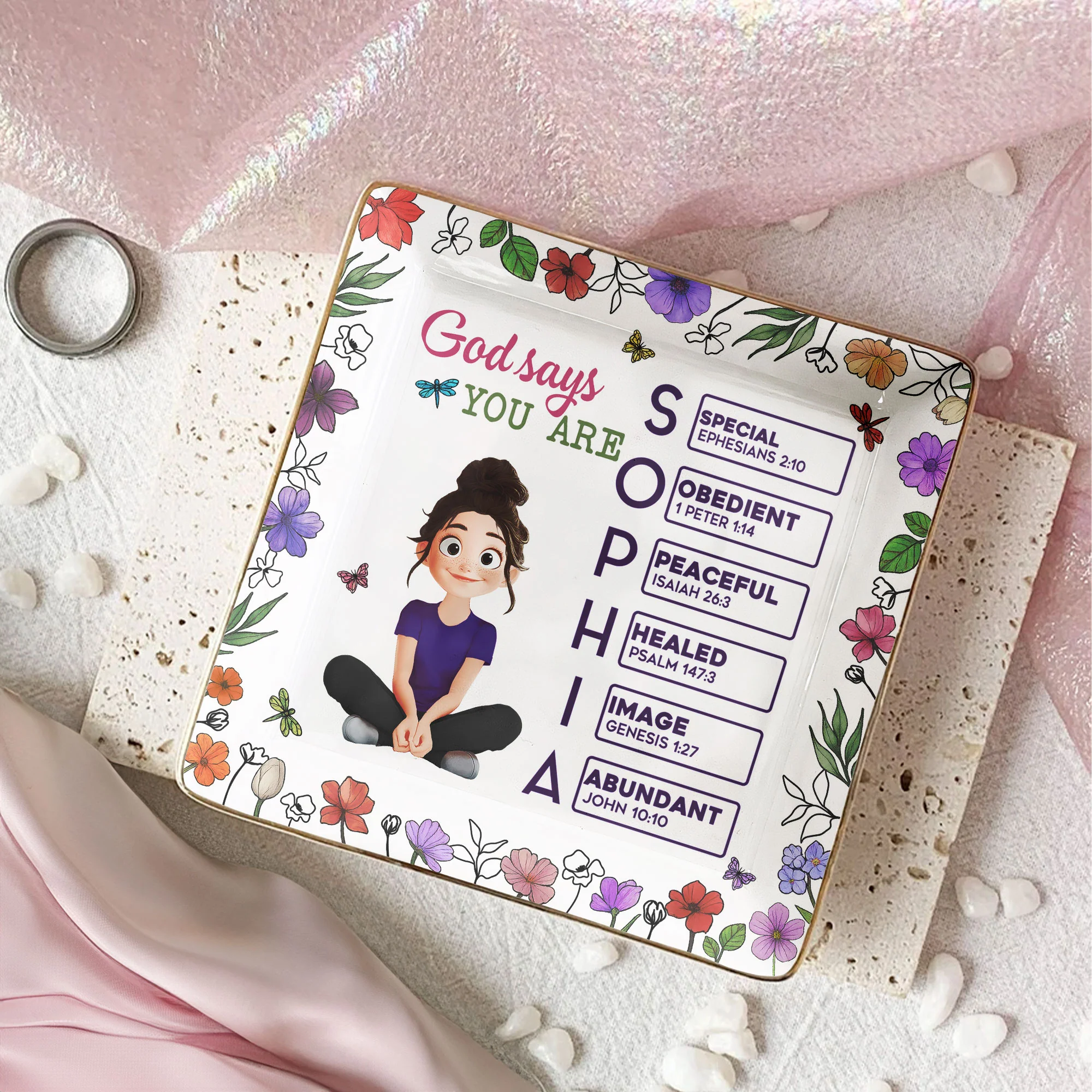 God Says You Are Cartoon Custom Name Letter In Bible - Personalized Jewelry Dish - Image 2