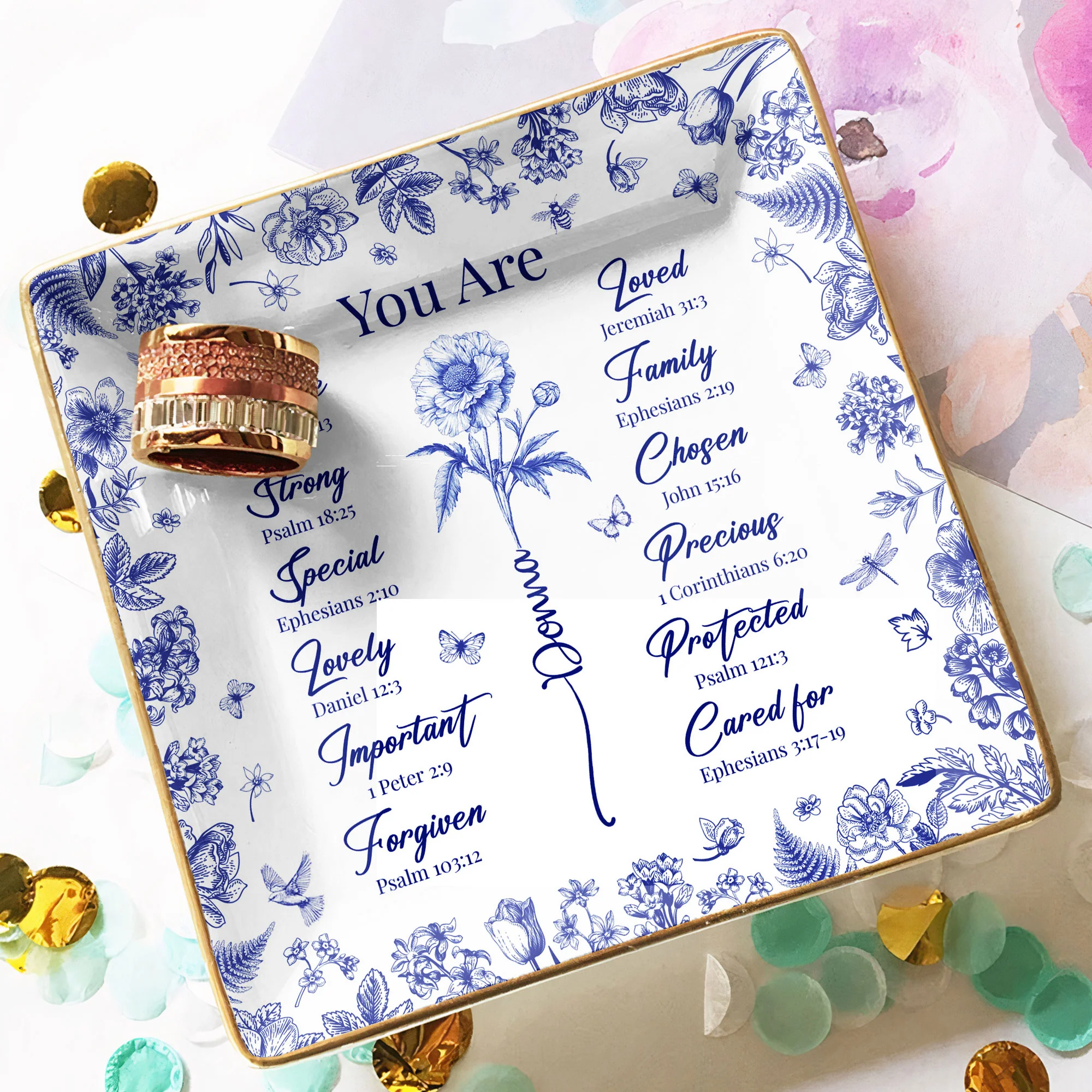 God Says You Are Christian Gift Toile De Jouy Birth Flower - Personalized Jewelry Dish - Image 4