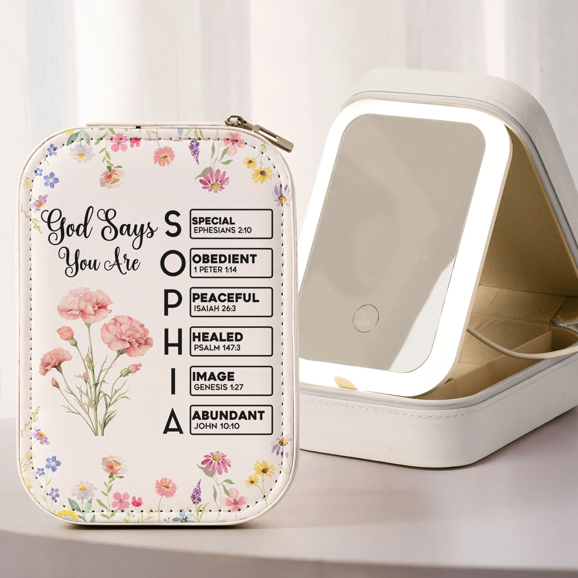 God Says You Are Custom Birth Flower & Name In Bible Verses - Custom Makeup Box With LED Mirror