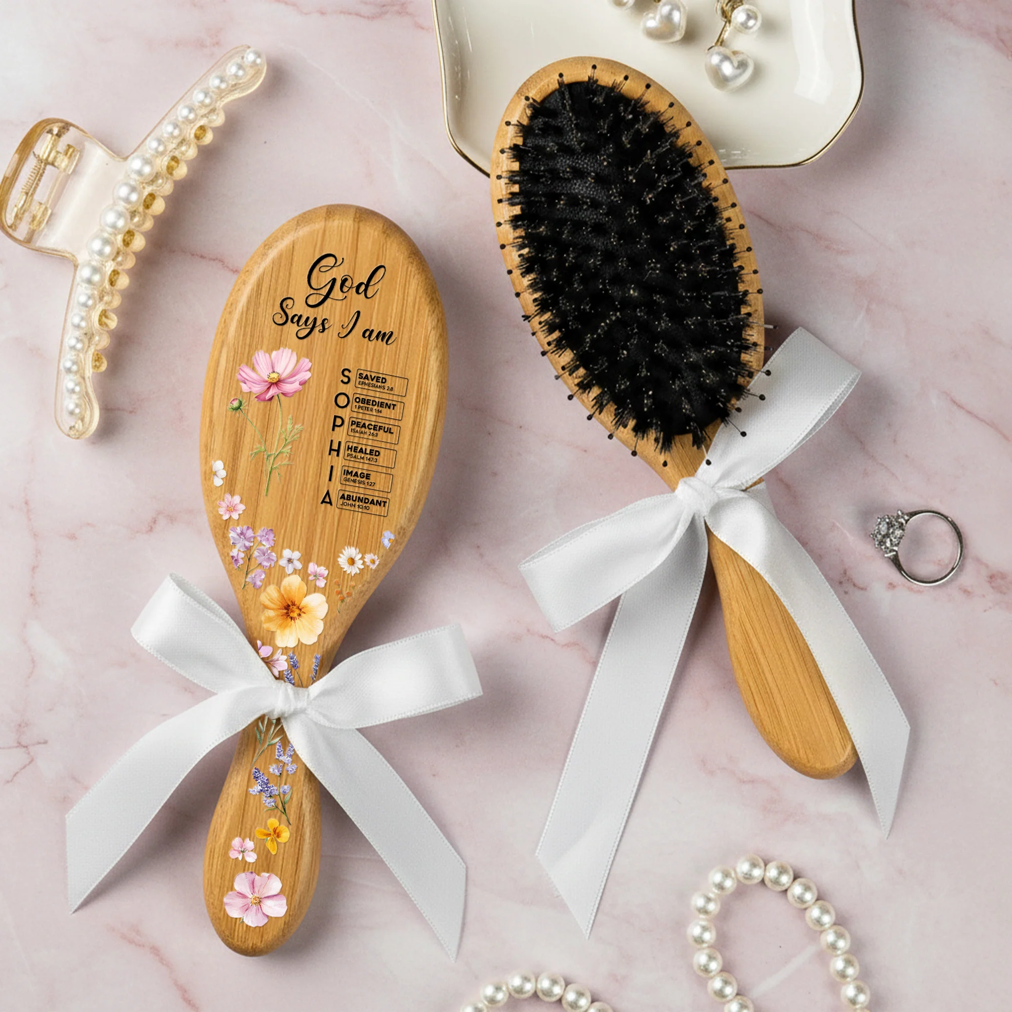 God Says You Are - Custom Birth Flower & Name With Bible Verse - Personalized Hair Brush - Image 3